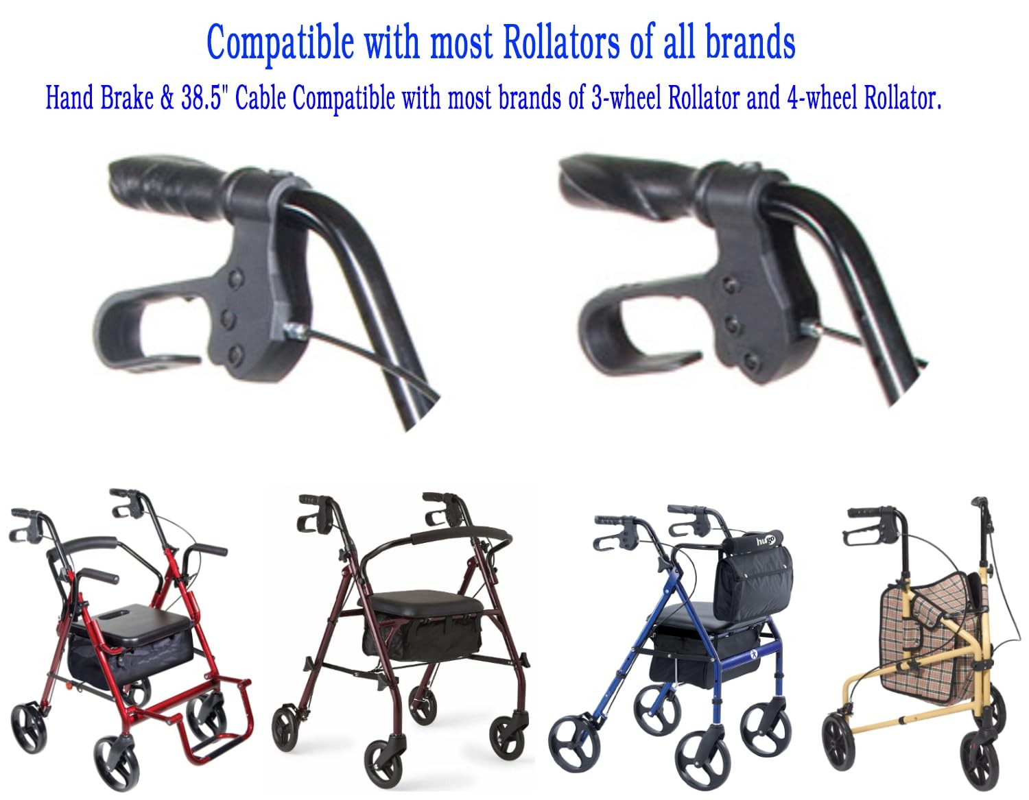 Hugo Rollator Replacement Hand Brake with 38.5" Cable and Adjustable Black