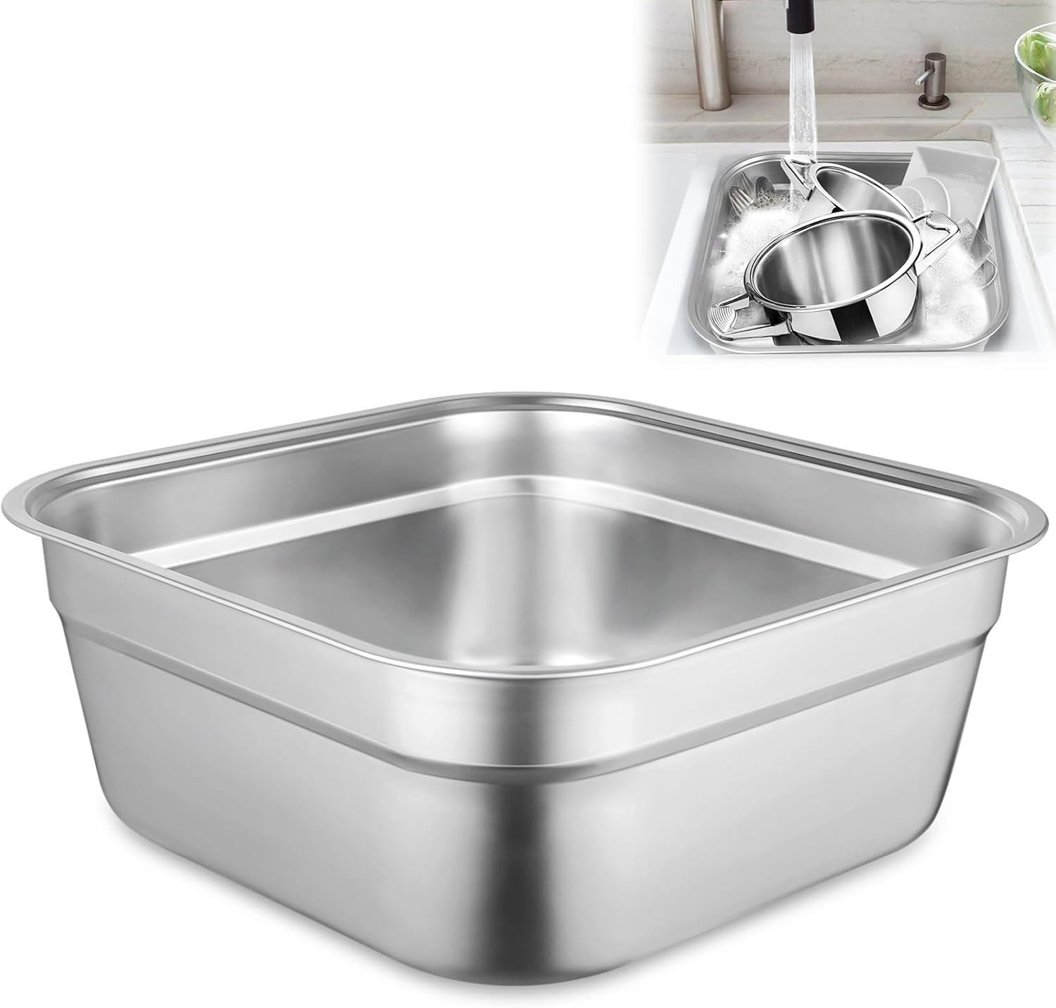 Stainless Steel Washing up Bowl, Multi-Purpose Dish Tub for Sink, Large Square C