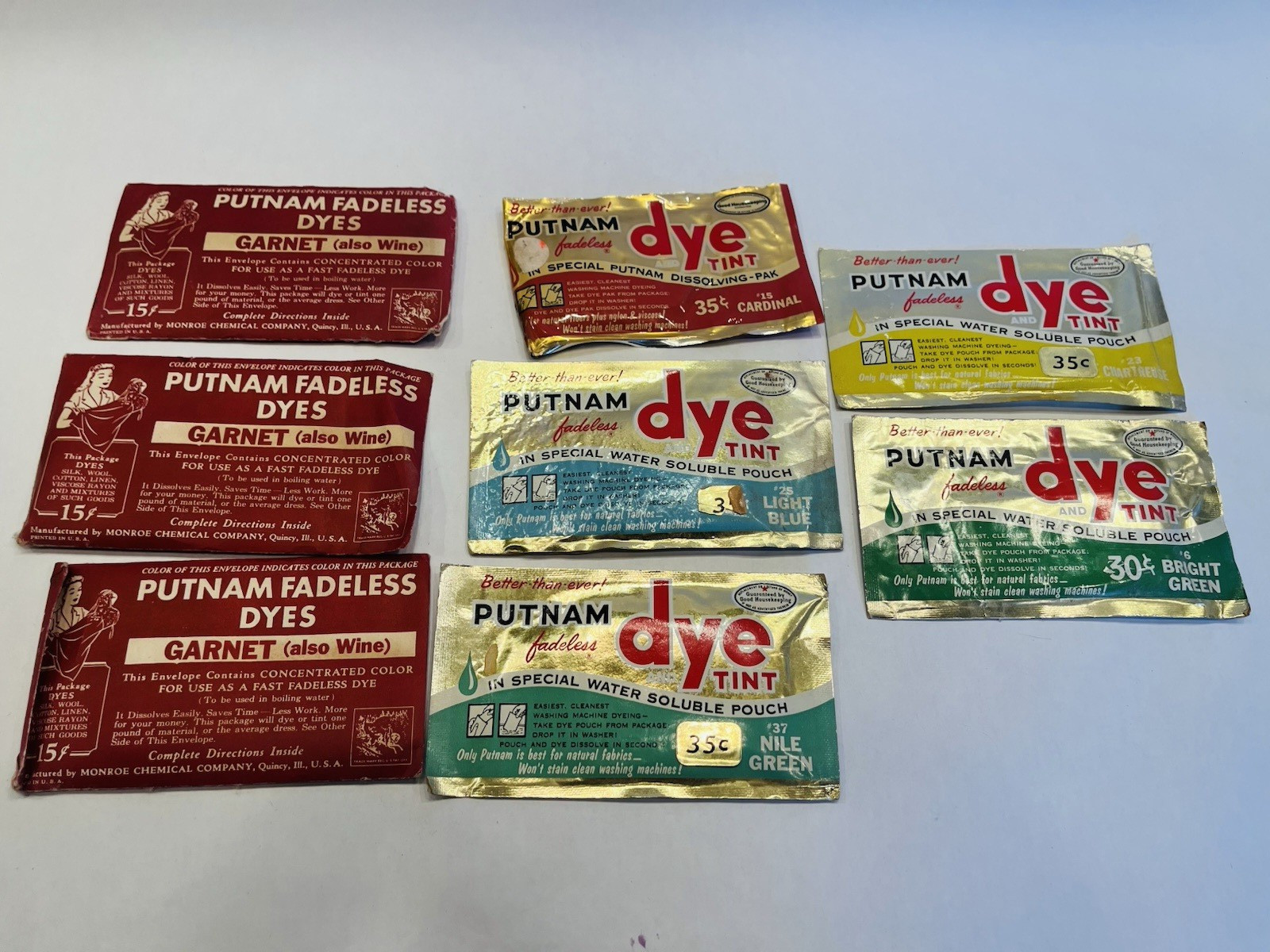 Vintage Putman Fadeless Dye & Tint Lot Set of 8- Garnet Nile Green & More BIN G