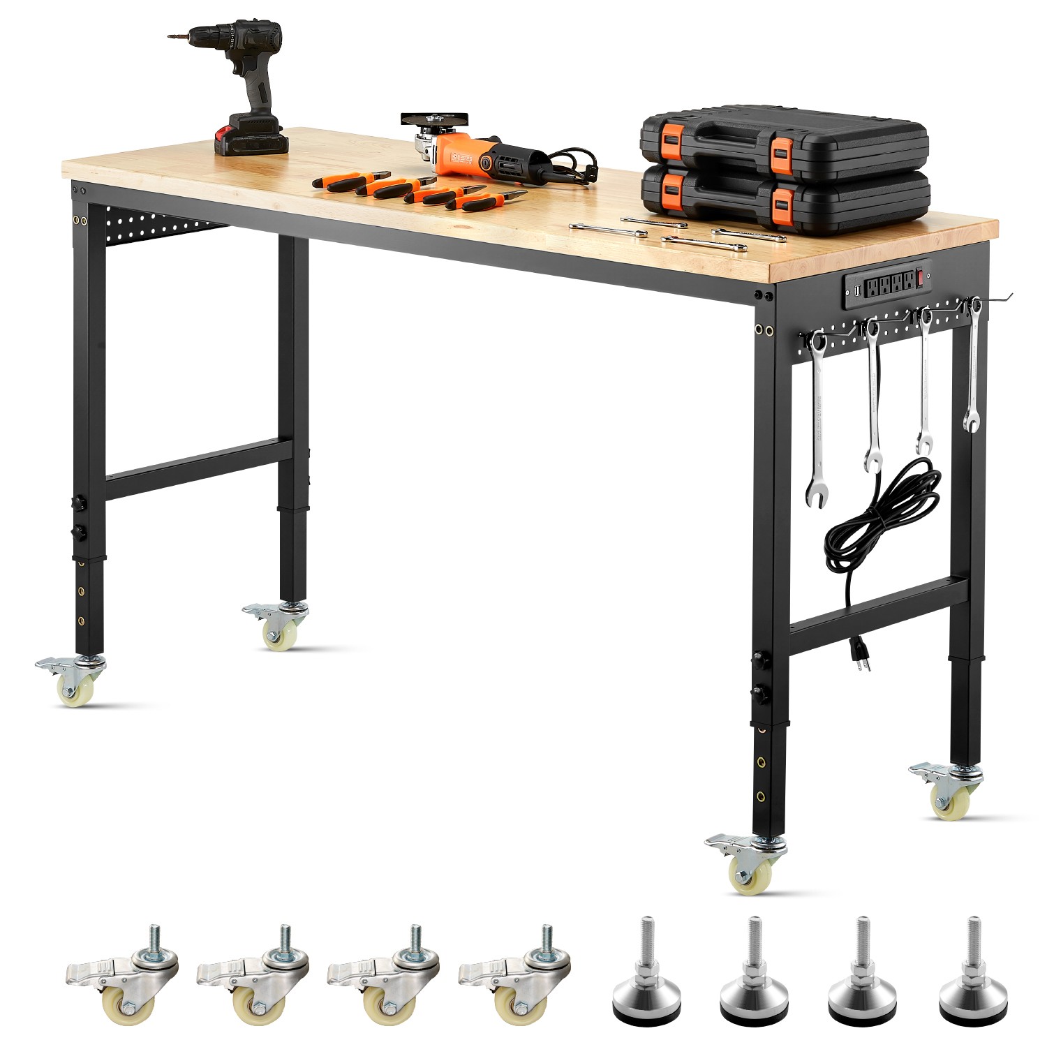 60" Adjustable Height Workbench on Wheels with Power Outlet & Pegboard