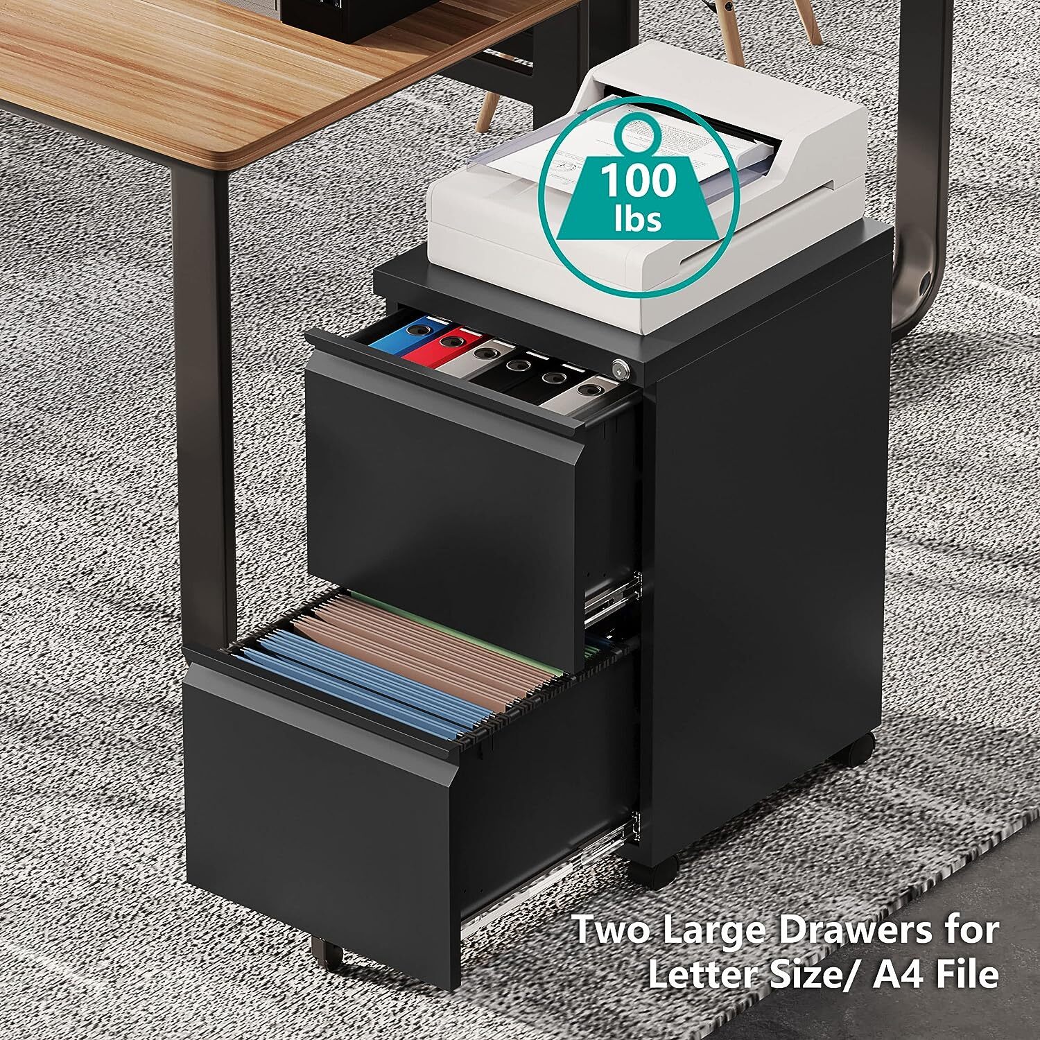 Metal 2 Drawers Office Filing Storage Cabinet with Lock Wheels Rolling Cabinets