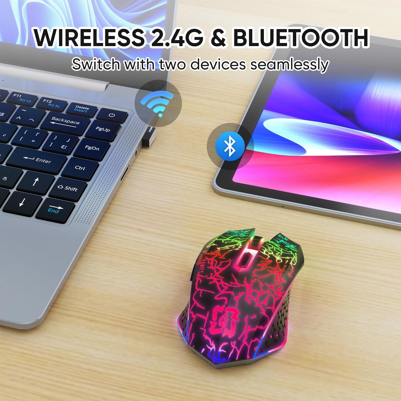 MELOGAGA Bluetooth Wireless Gaming Mouse, 2.4G Cordless RGB Black