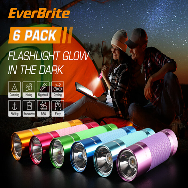 EverBrite 6Pack Mini LED Flashlight Glow Dark Aluminum Flashlight 8AAA Batteries