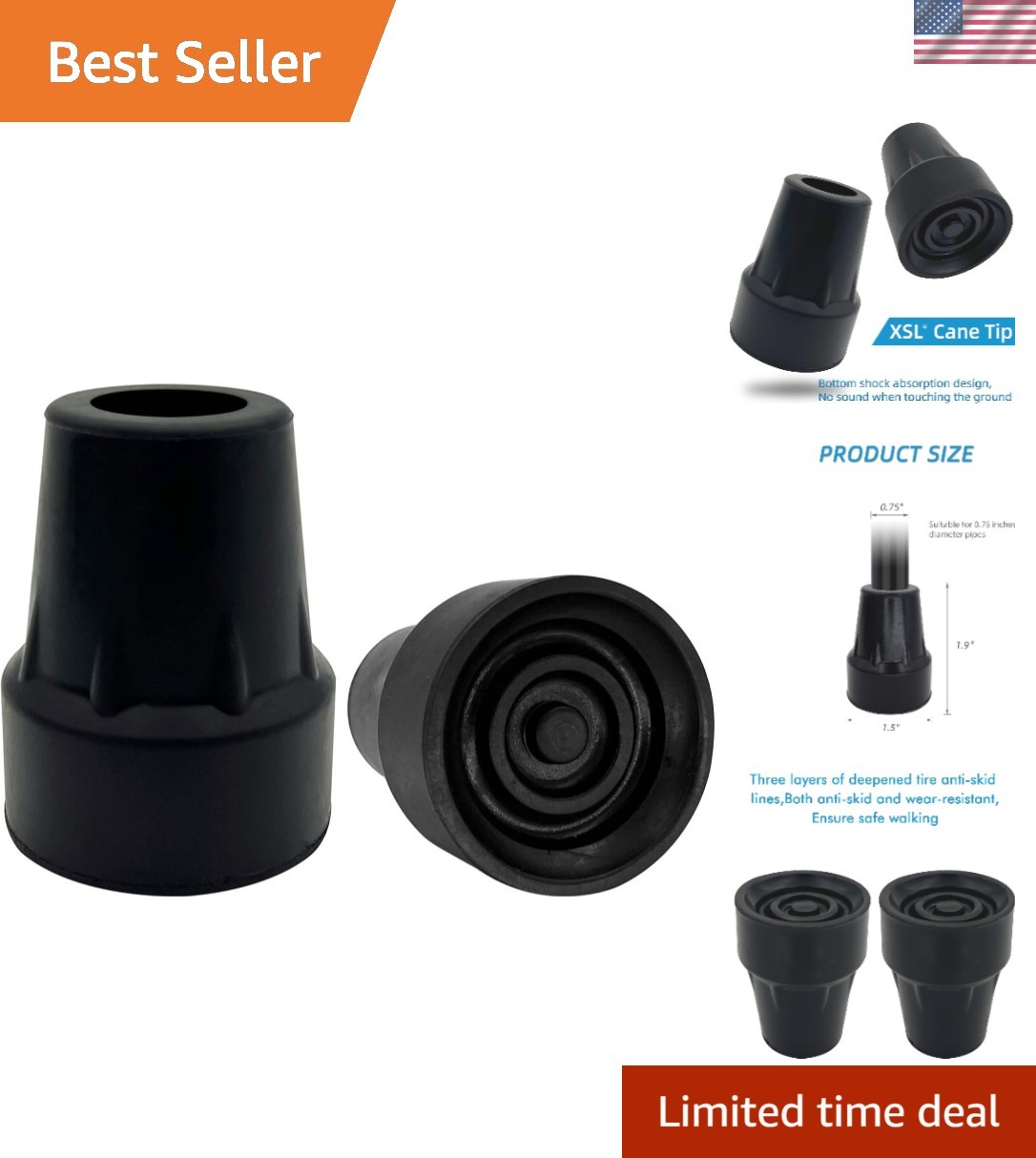 Replacement Cane Tips, 3/4 Inch, Black.