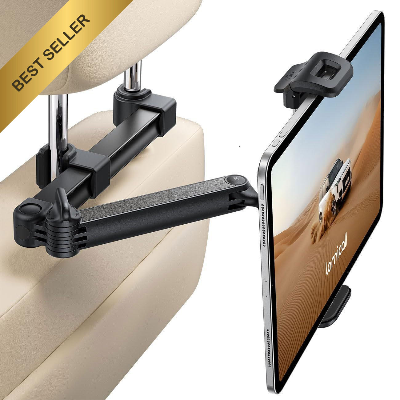Lamicall Car Headrest Tablet Holder - [Foldable Clip] [Lockable] Black
