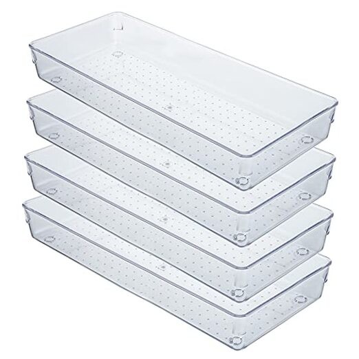 4 Pack Clear Drawer Organizer Trays, 15 x 6 x 2 Inch Desk Drawer Divider