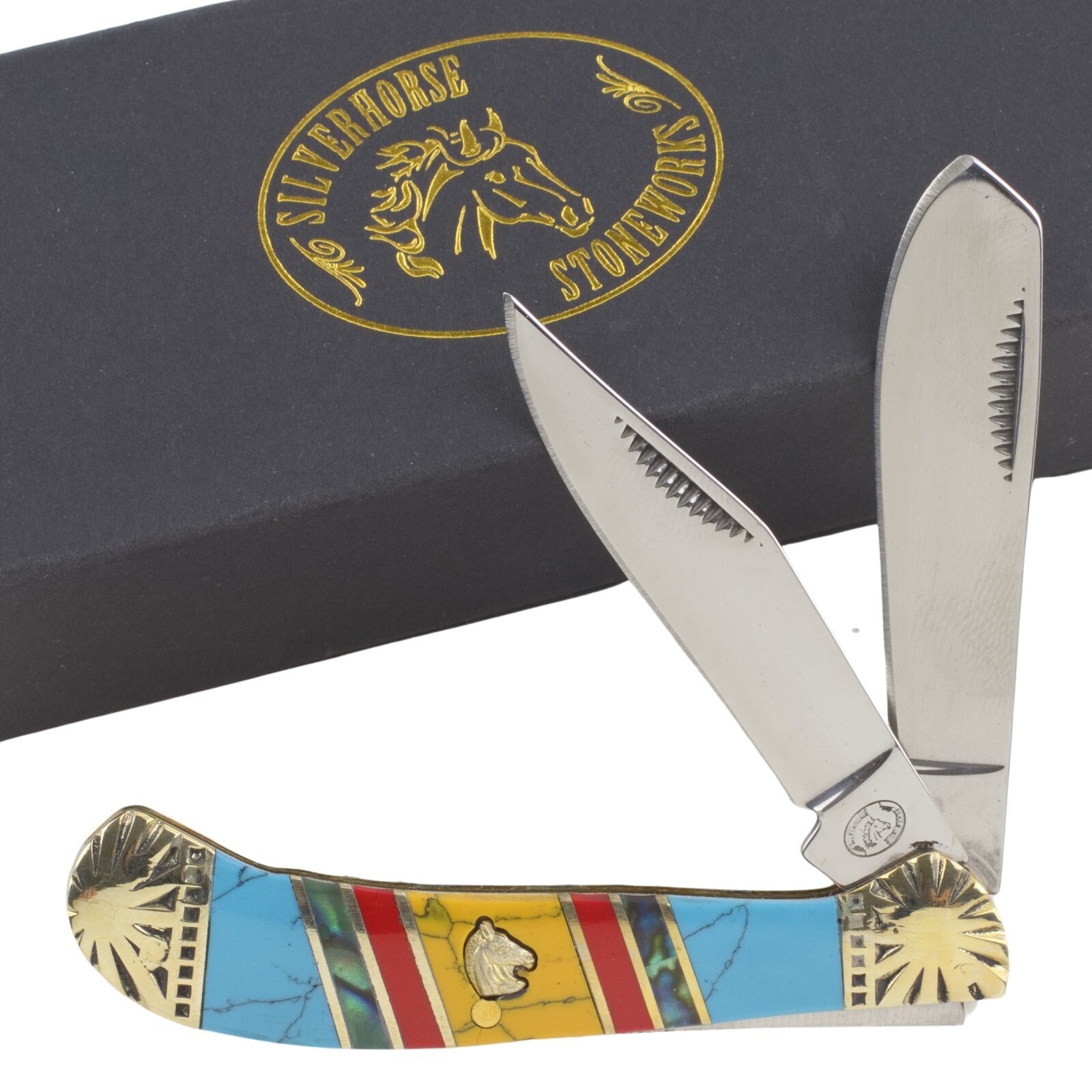 Frost Silverhorse Stoneworks Turquoise Saddlehorn Pocket Knife Blue Red Yellow