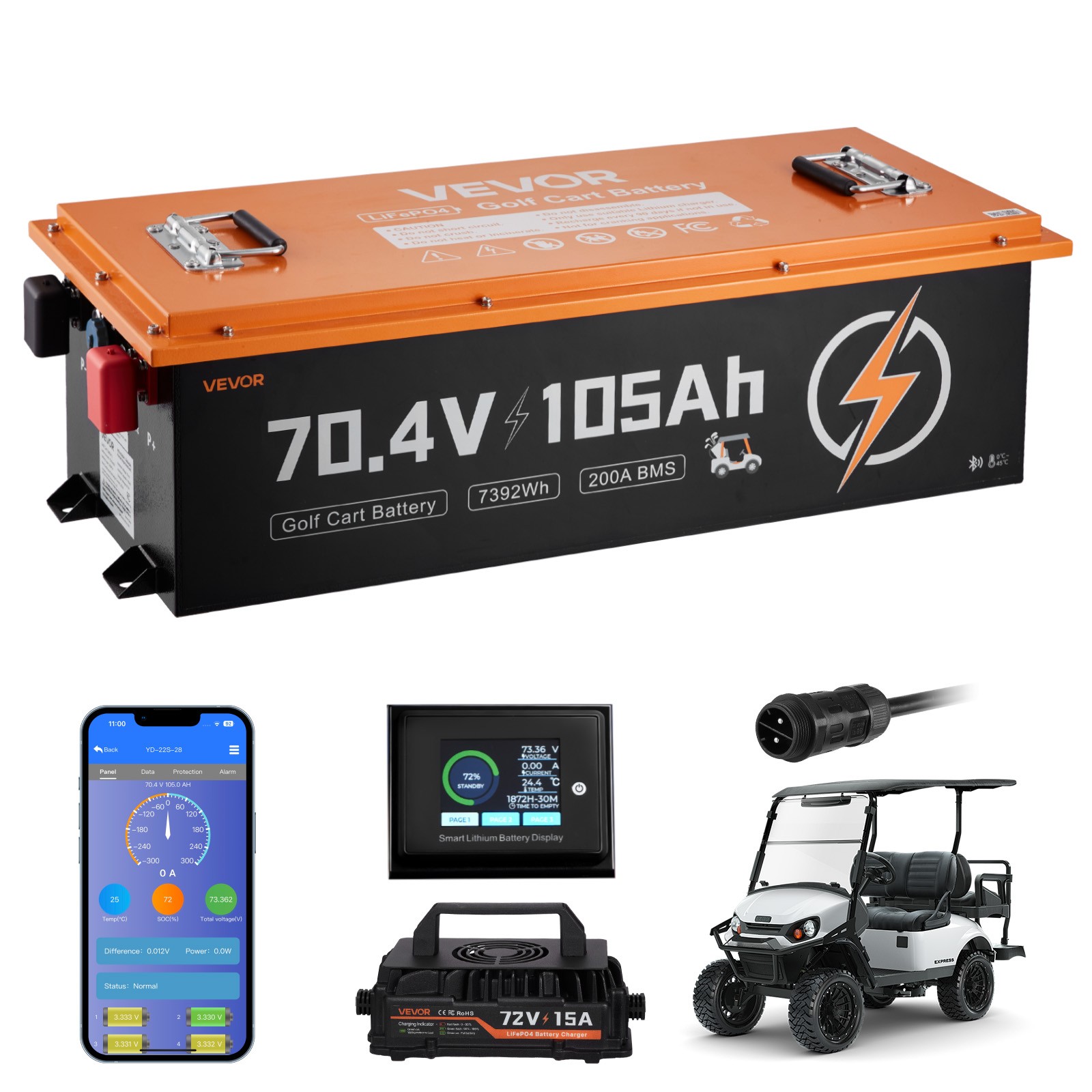 VEVOR 72V 105AH Lithium Golf Cart Battery Lifepo4 Charger Bluetooth Metal Case