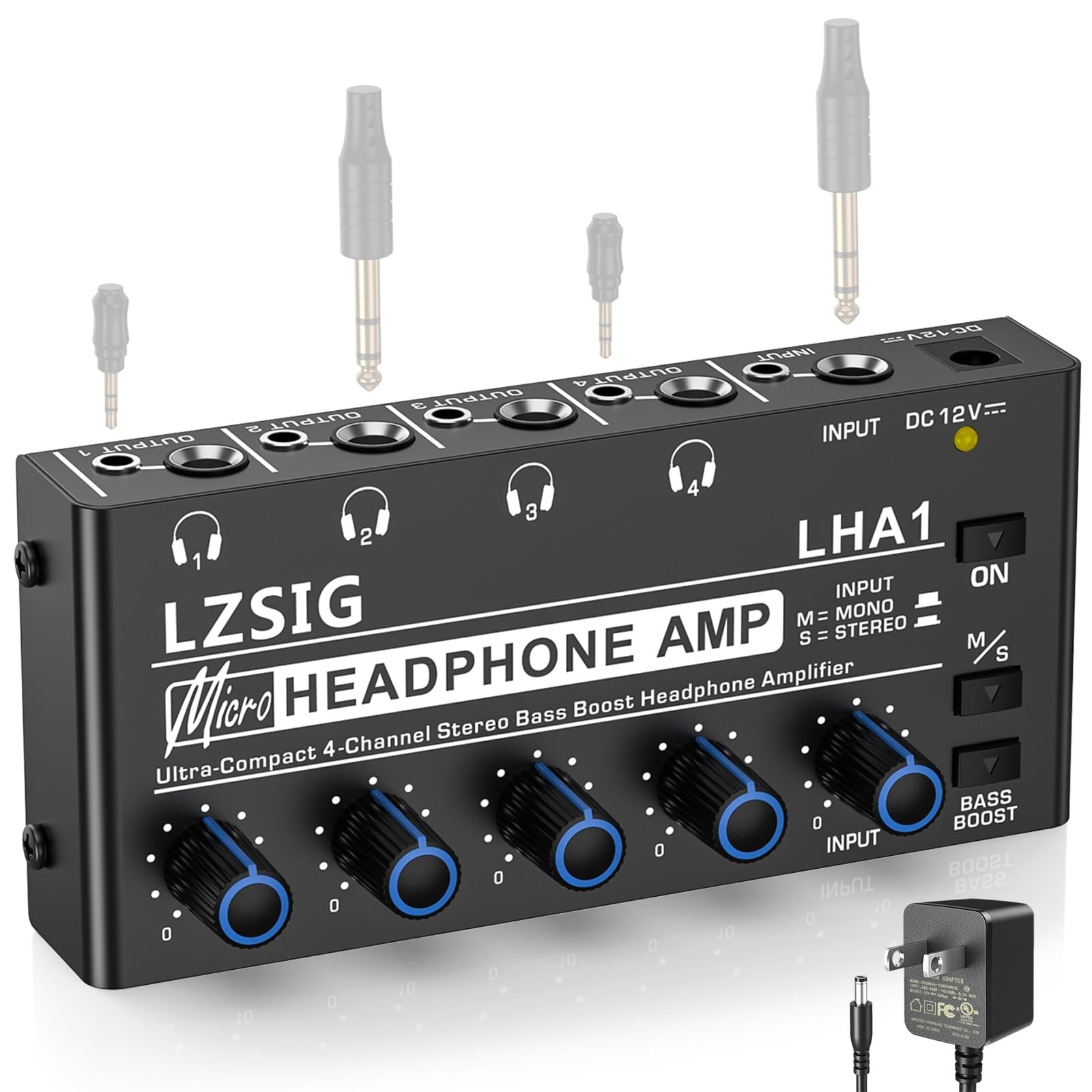 Headphone Amplifier with Bass Boost, 4 Channel, 1 IN 4 OUT, DC 12V