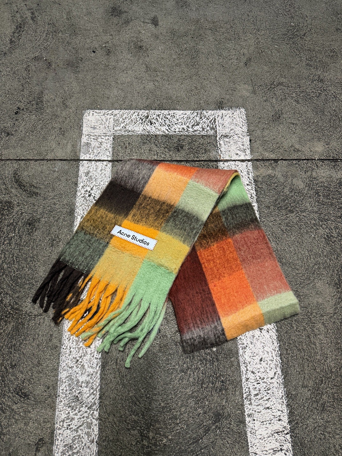 Acne Studios Checkered Mohair scarf Chestnut brown/yellow/green