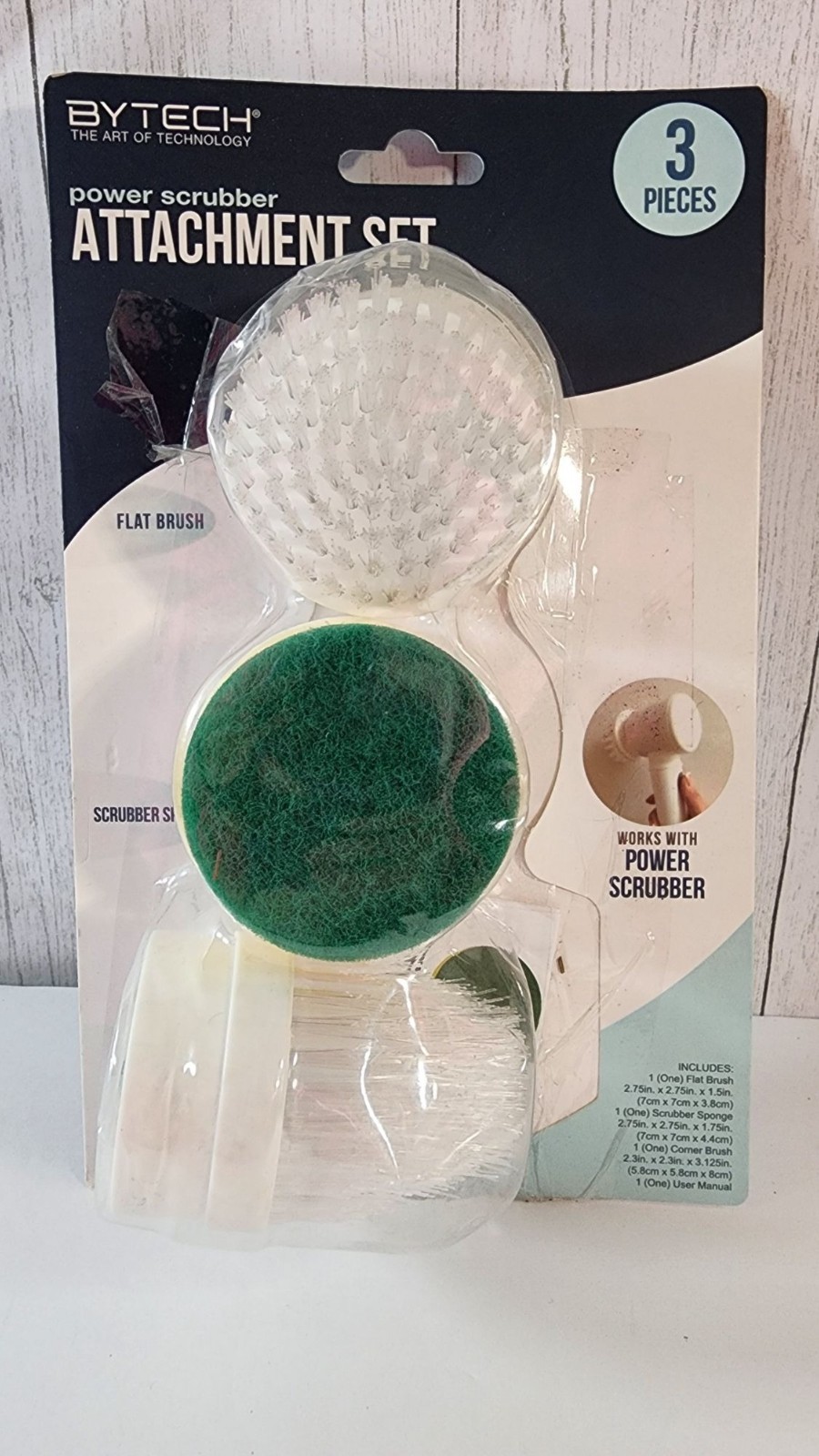 BYTECH 3PC POWER SCRUBBER ATTACHMENT SET BRUSH SPONGE REPLACEMENT HEADS