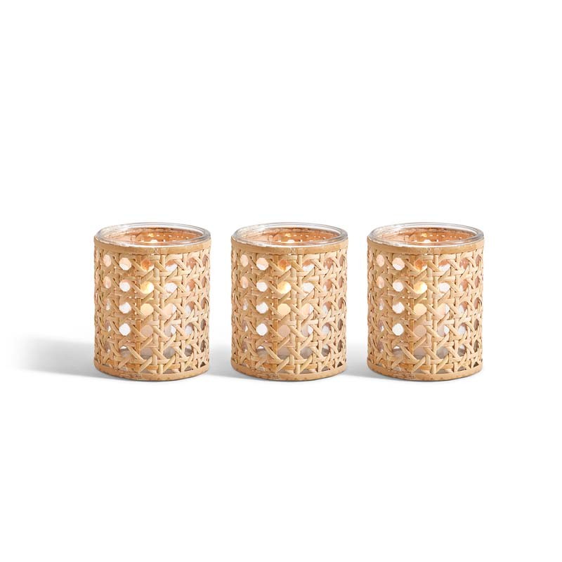 Handwoven Cane Votive Candle Holders, Set of 3(Brown)-TheCompanyStore|60809