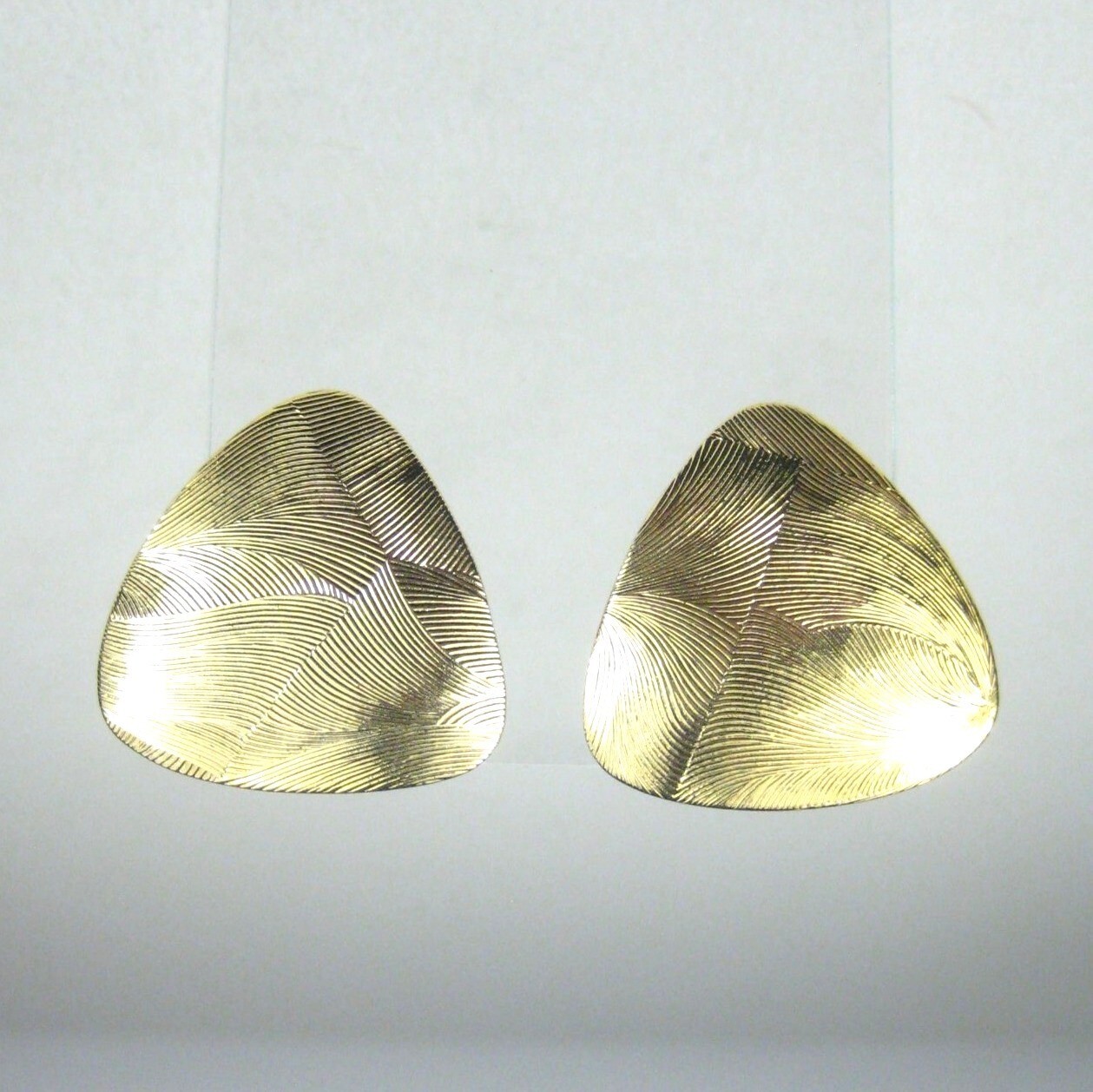 Triangle Brushed Gold Tone Earrings CLIP ON Texture Vintage 1 Inch
