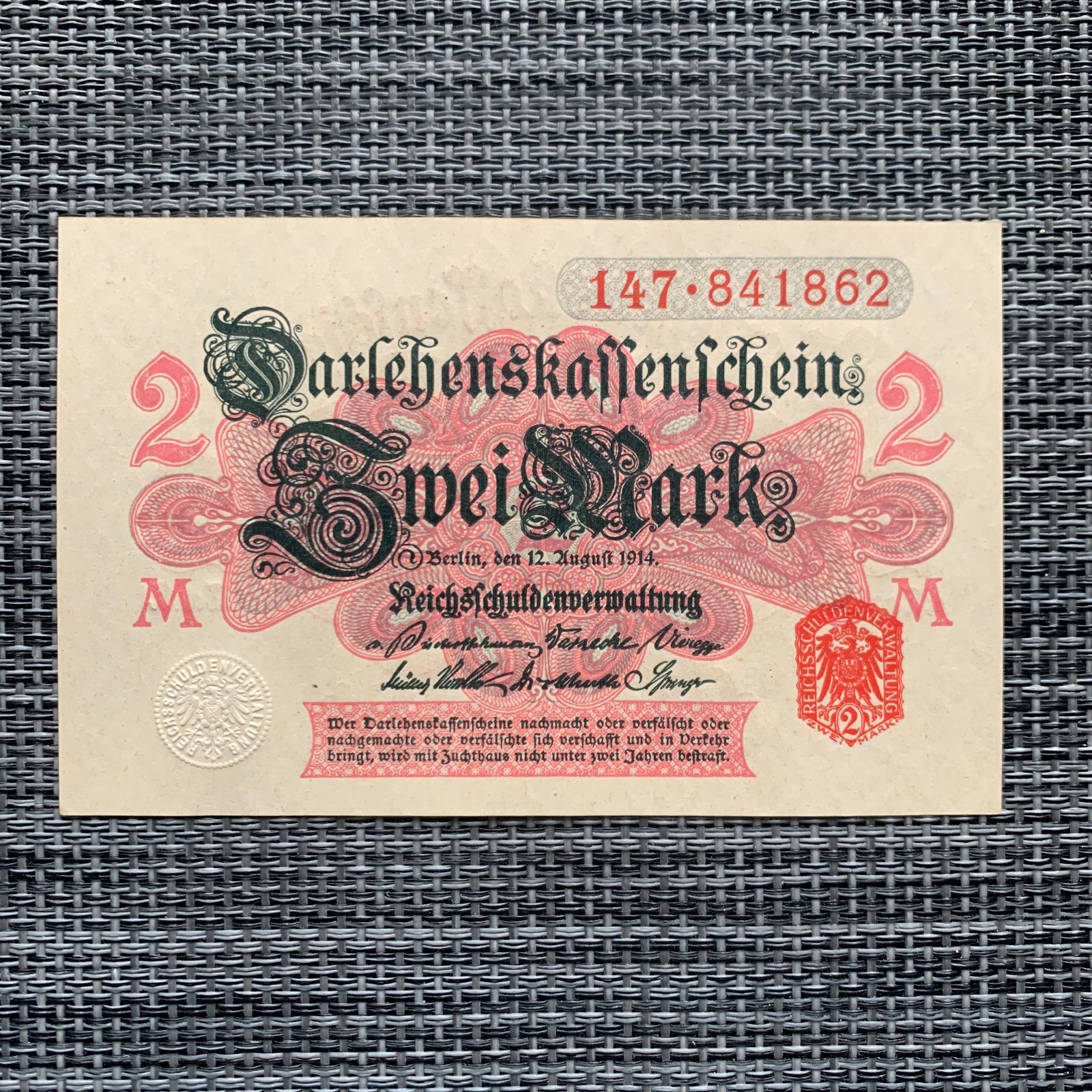 Germany 2 Mark Banknote 1914 UNC German WW1 WWI era Currency Paper Money UNC