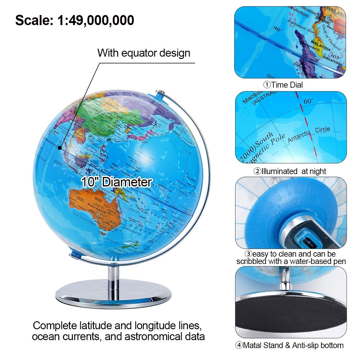 10'' World Map Globe On Metal Base Tabletop Rotating Earth Globe Educational