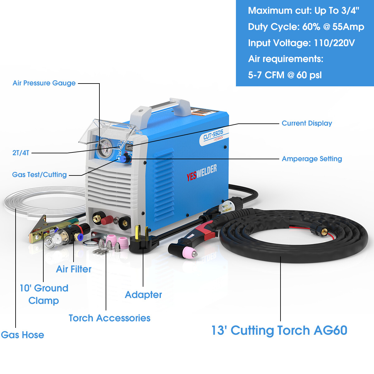 HF Non-Touch Pilot Arc Plasma Cutter/Cutting Machine 55A 110/220V 1/2" Clean Cut
