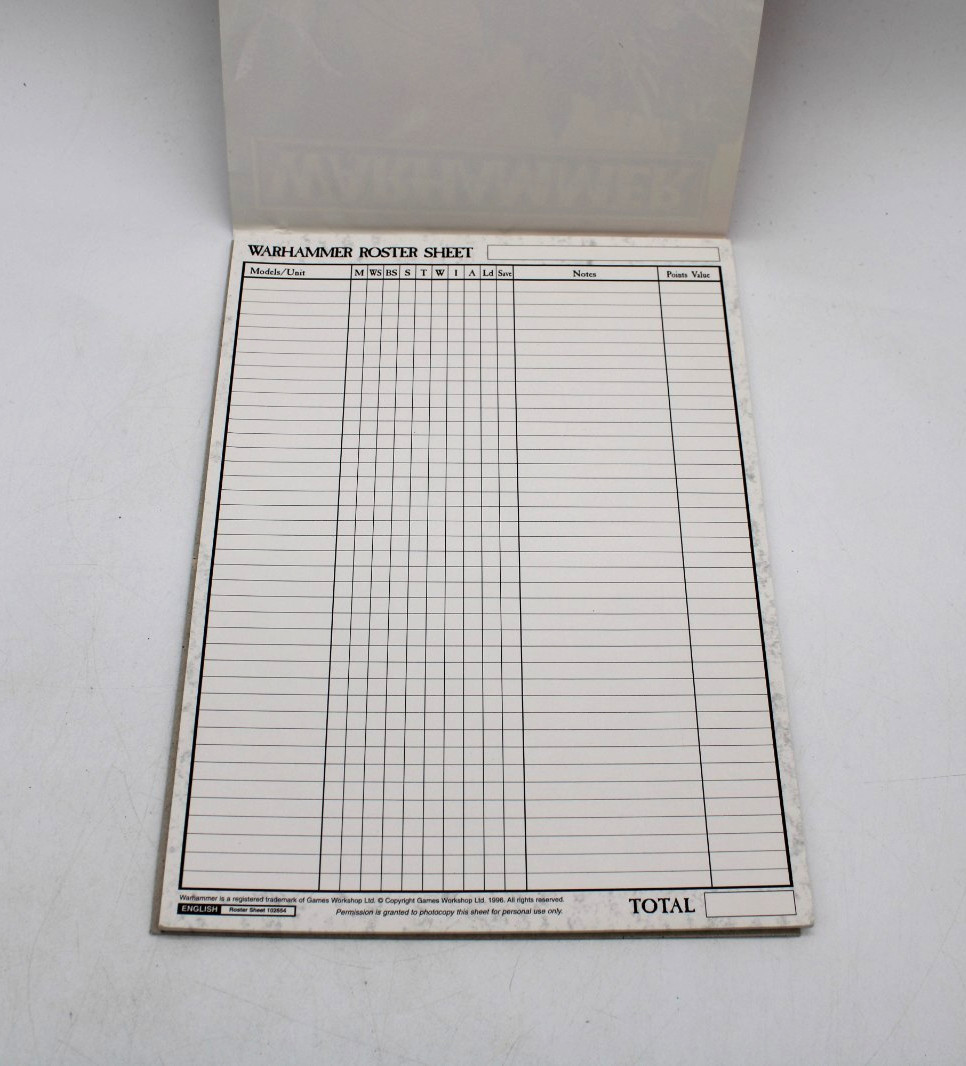 Warhammer Roster Pad (Roster Sheet 102654) 1996 Games Workshop