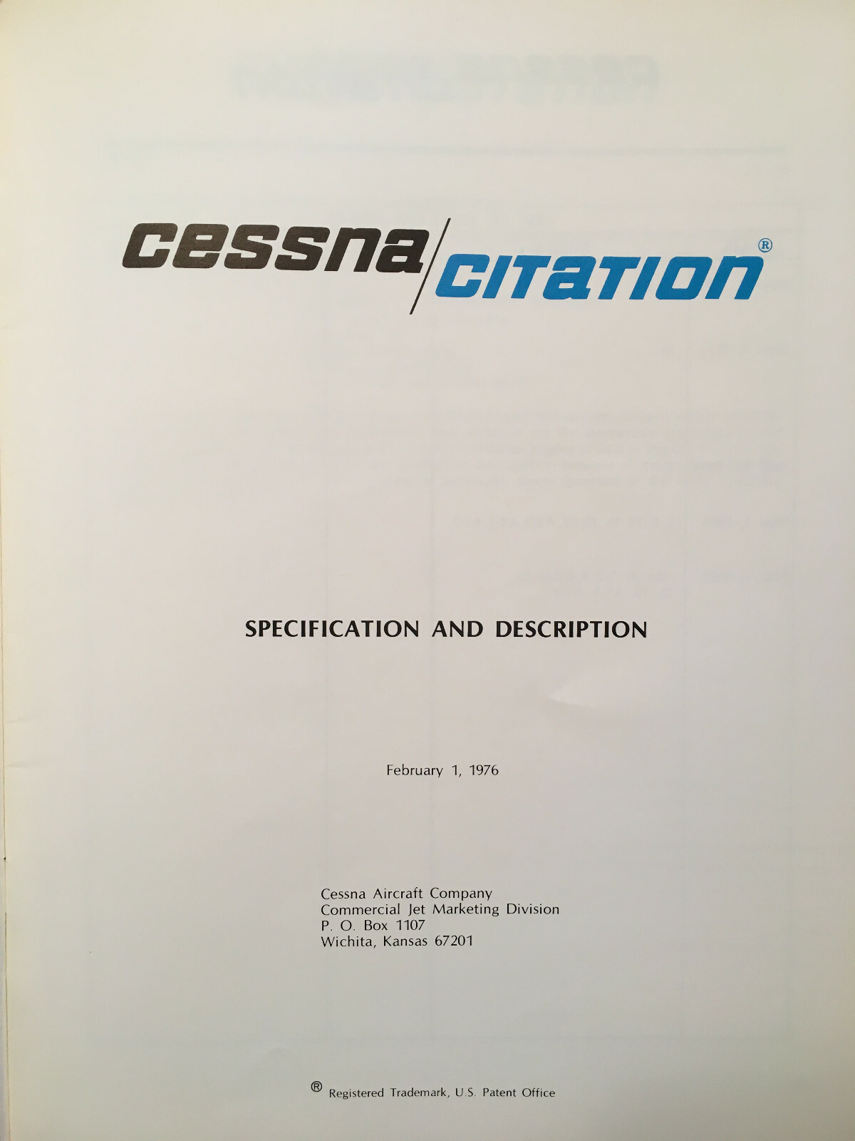 Cessna Citation Model 500, sn 0303 & On, Specification/Description Booklet