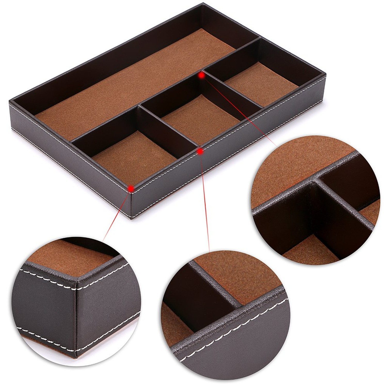 BTSKY 4 slots Desk Drawer Organizer, PU Leather Drawer Storage Organizer Divi...