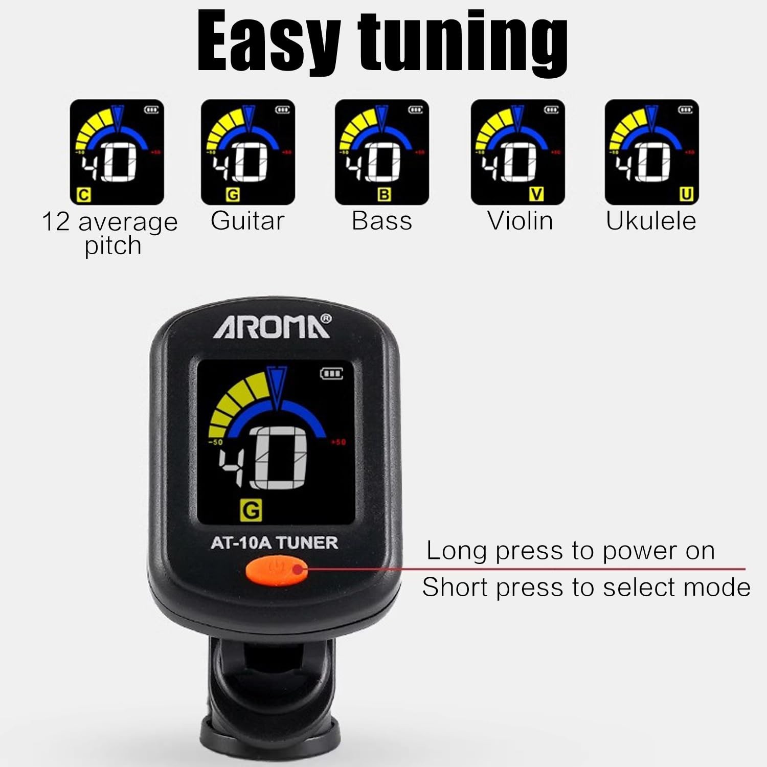 Aroma Rechargeable Guitar Tuner Clip On for Guitar, Violin, Ukulele, Bass, Ma...