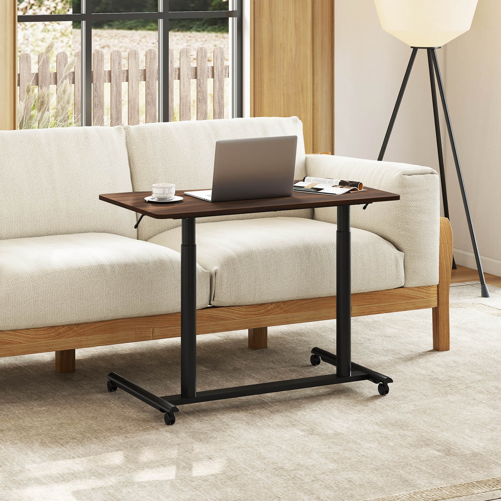 Costway Height Adjustable Computer Desk Sit Stand Rolling Notebook Table Brown