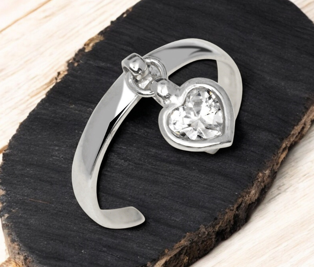 Solid 925 Sterling Silver Elegant Adjustable Cubic Zirconia Dangling Heart Toe