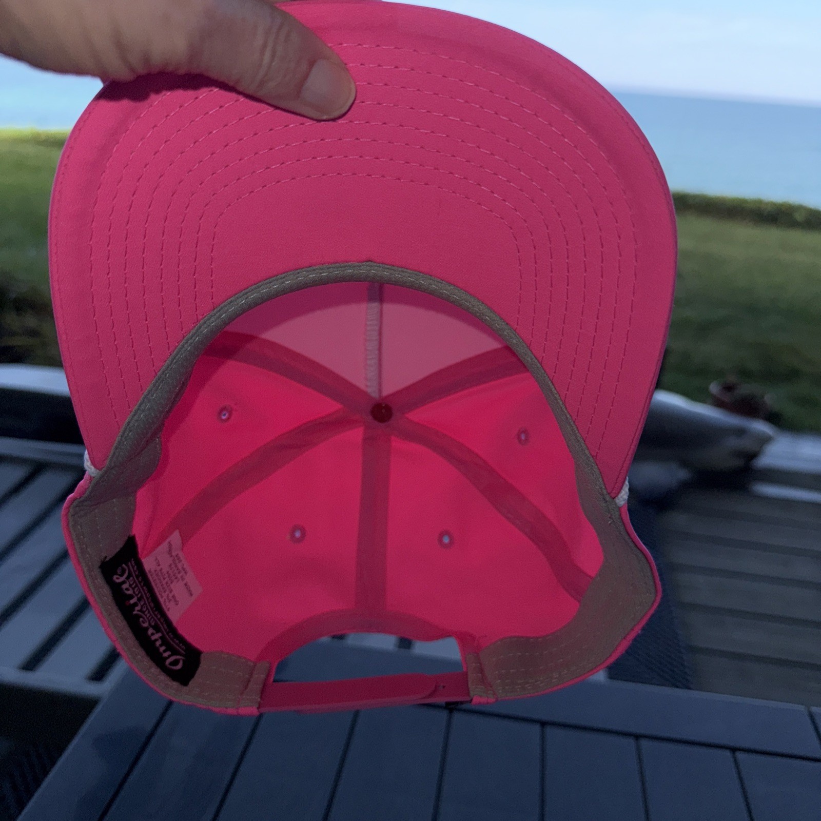 Arcadia Bluffs in White Script w Rope on Bright Pink Polyester Hat Cap SnapBack