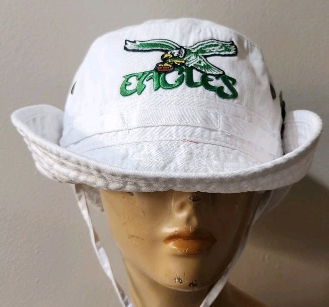 Philadelphia Eagles Throwback White Boonie Hat Side Snaps Up & Chin Strap