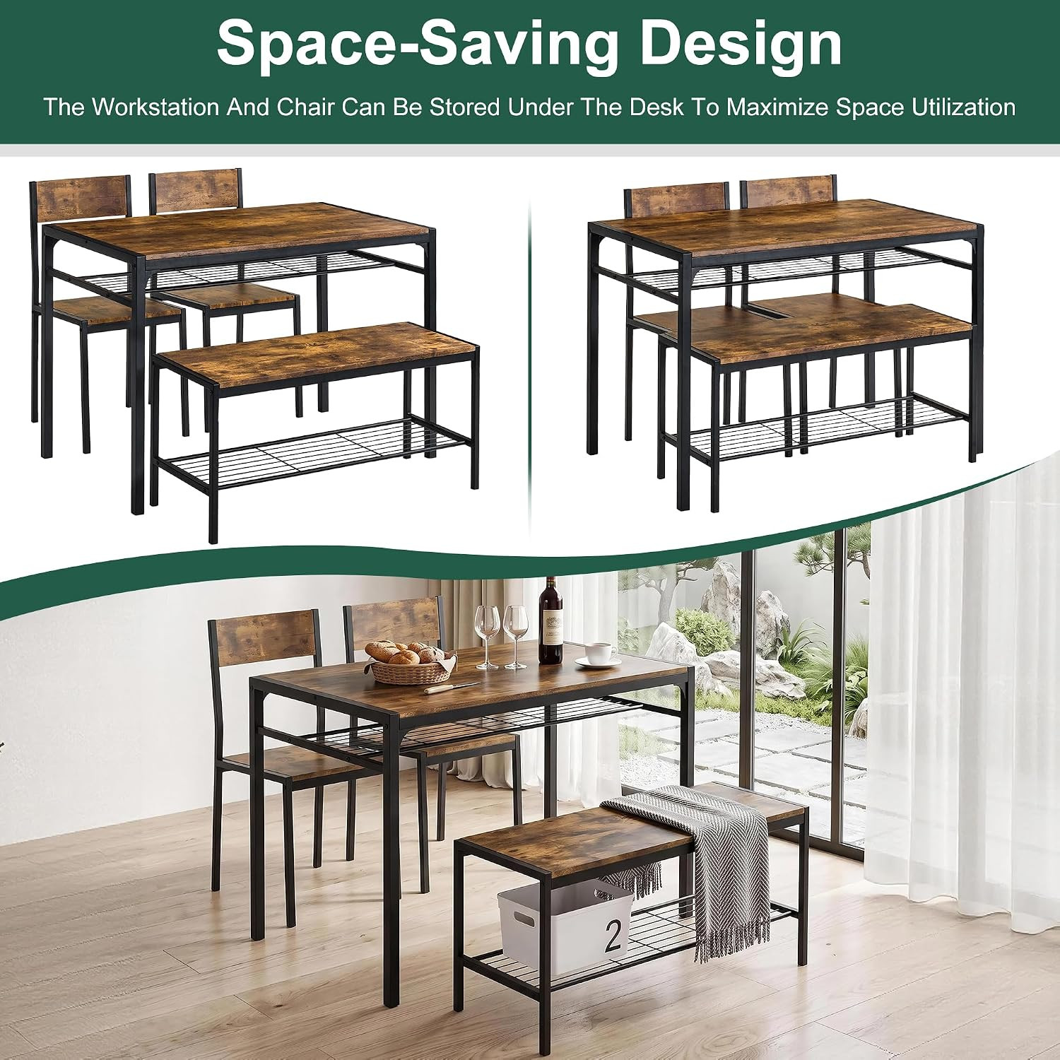 Kitchen Dining Room Table with 2 Chairs & Bench, Compact Space-Saving Design, Ea