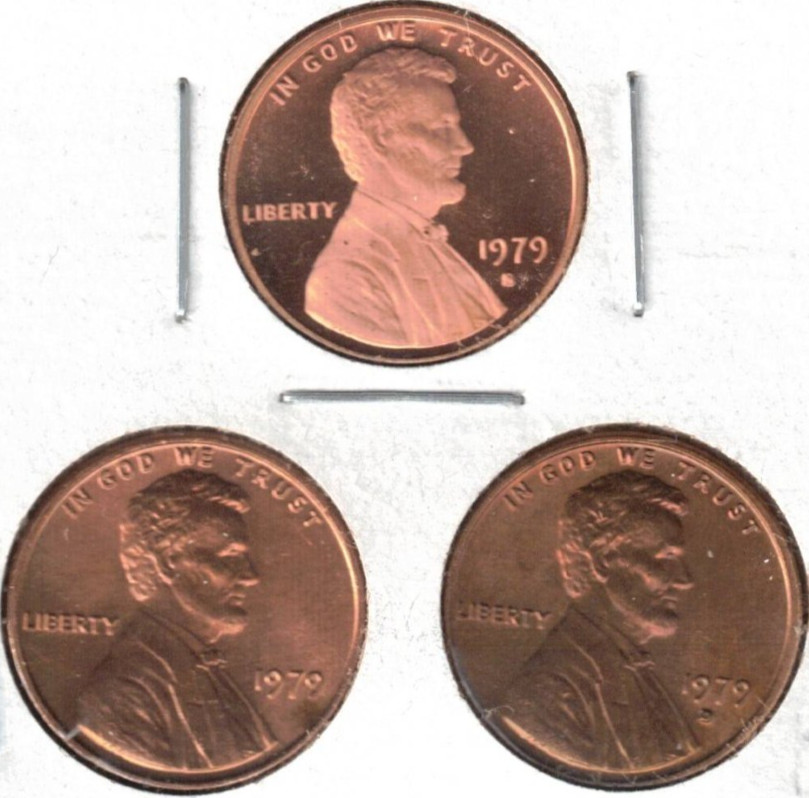 1979-D-P-S Three Uncirculated Lincoln Memorial Cents S from a proof set!