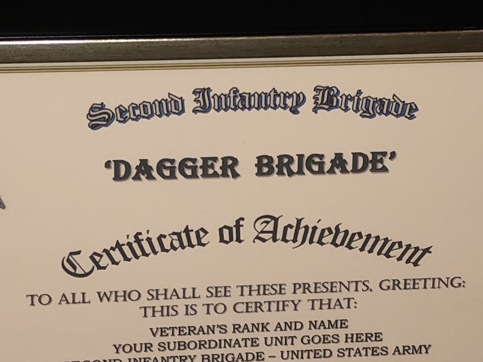 2ND INFANTRY BRIGADE - DAGGER BRIGADE / ACHIEVEMENT (COMMEMORATIVE CERTIFICATE)