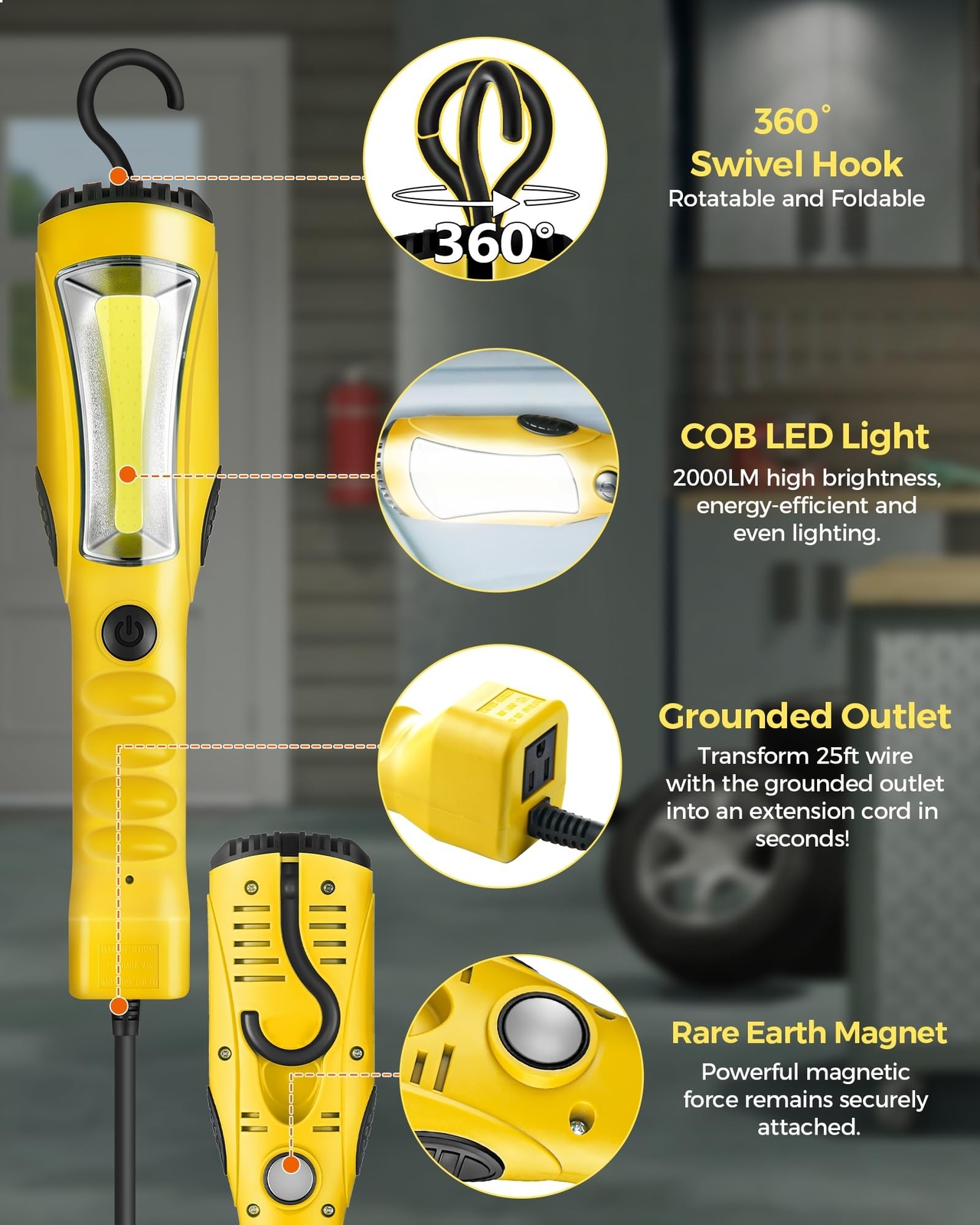 18W LED Work Light, 25FT 2000LM COB LED Light, Handheld Underhood Trouble Lig...