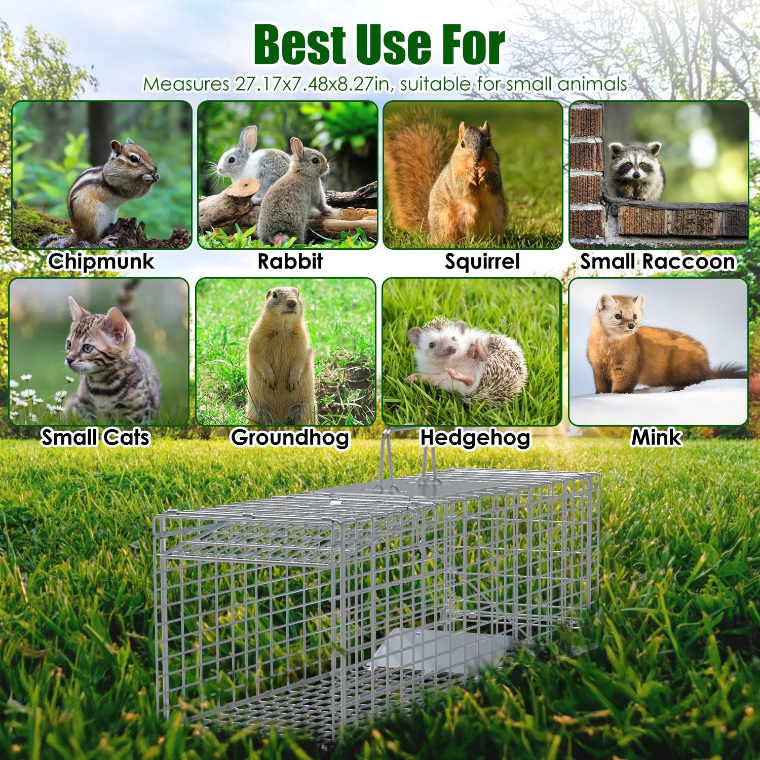 Portable Animal Trap Cage Catch and Release Steel Humane 27x7.5x8in Cat Trap US