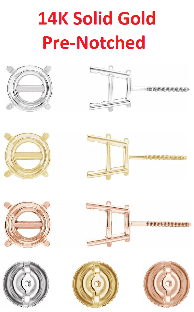 3mm 14K Gold Round Pre-Notched Stud Earring Basket Setting Threaded - 1 Piece