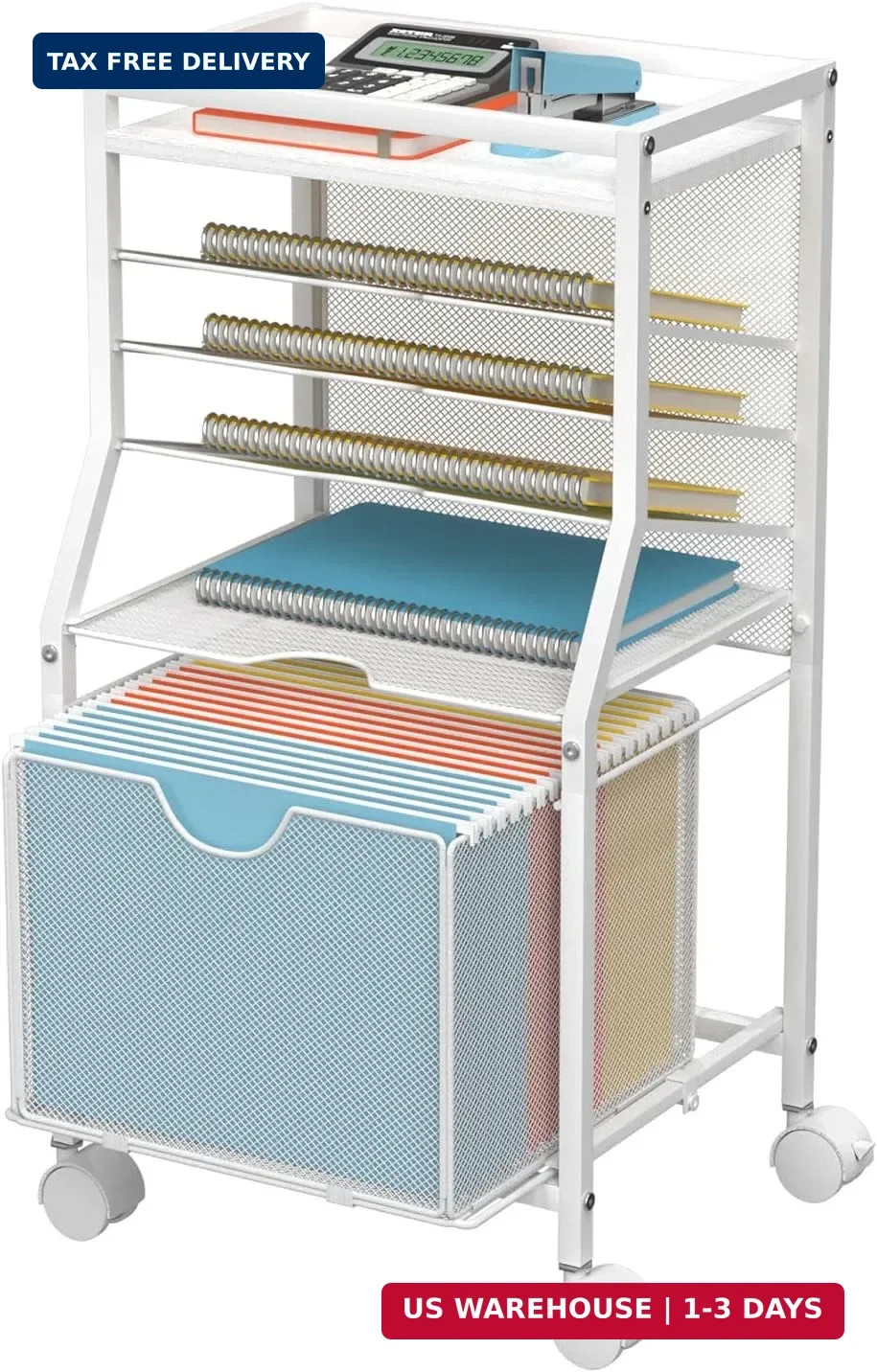 BOHDK Rolling File Cart, 6-Tier Desk File Organizer on Lockable Wheels, White Wo