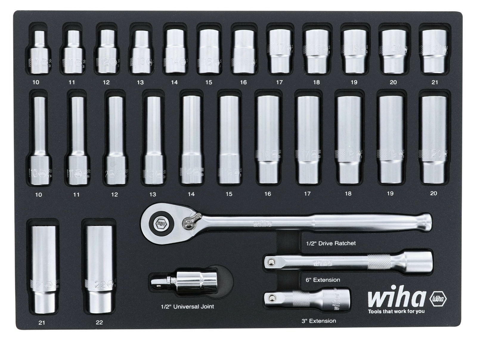 Wiha 33895 29 Piece 1/2? Drive Professional Standard and Deep Socket Tray Set