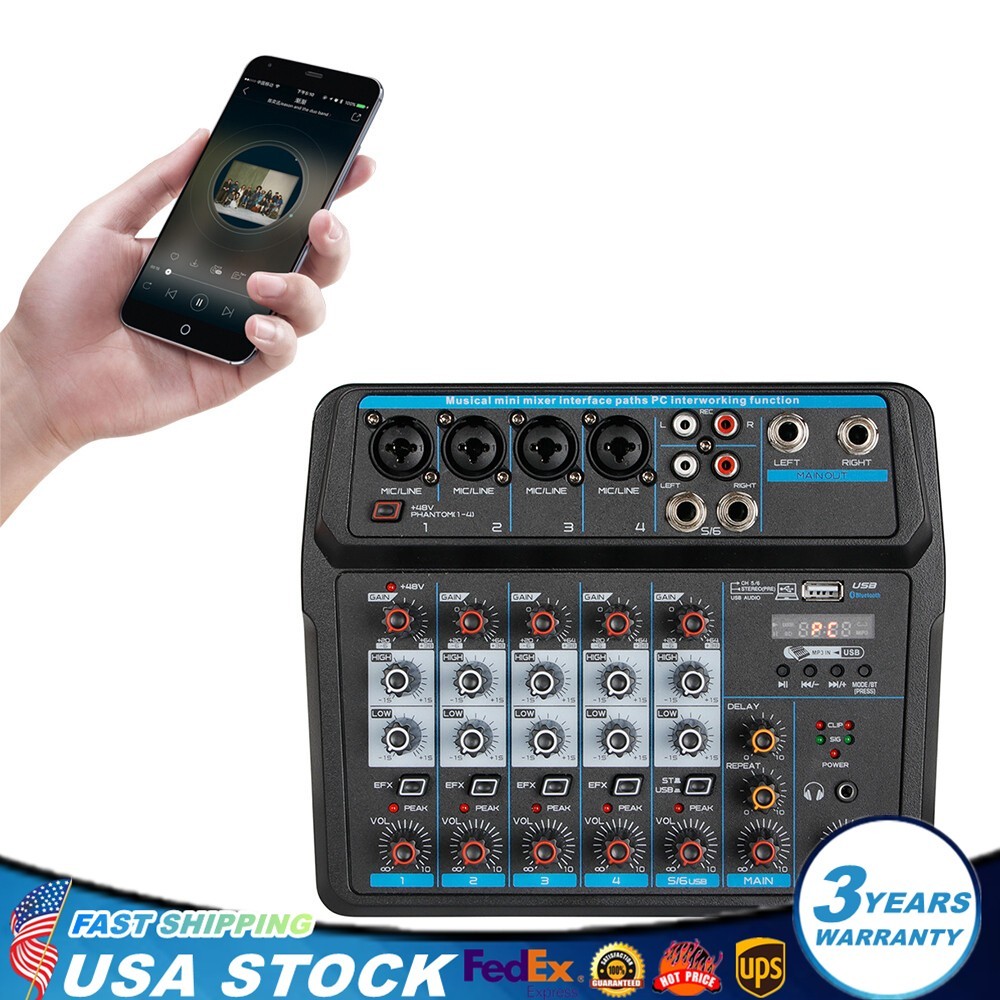 6Channel Live Audio Mixer Bluetooth USB DJ Sound Mixing Console Amplifier Studio