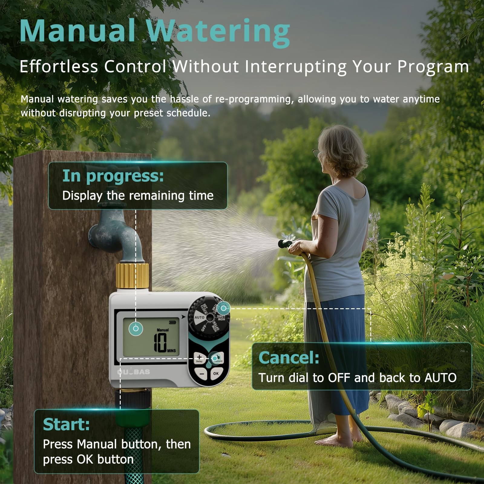 QUOBAS Zero Pressure Water Timer, Programmable Sprinkler Timer for Garden Hos...