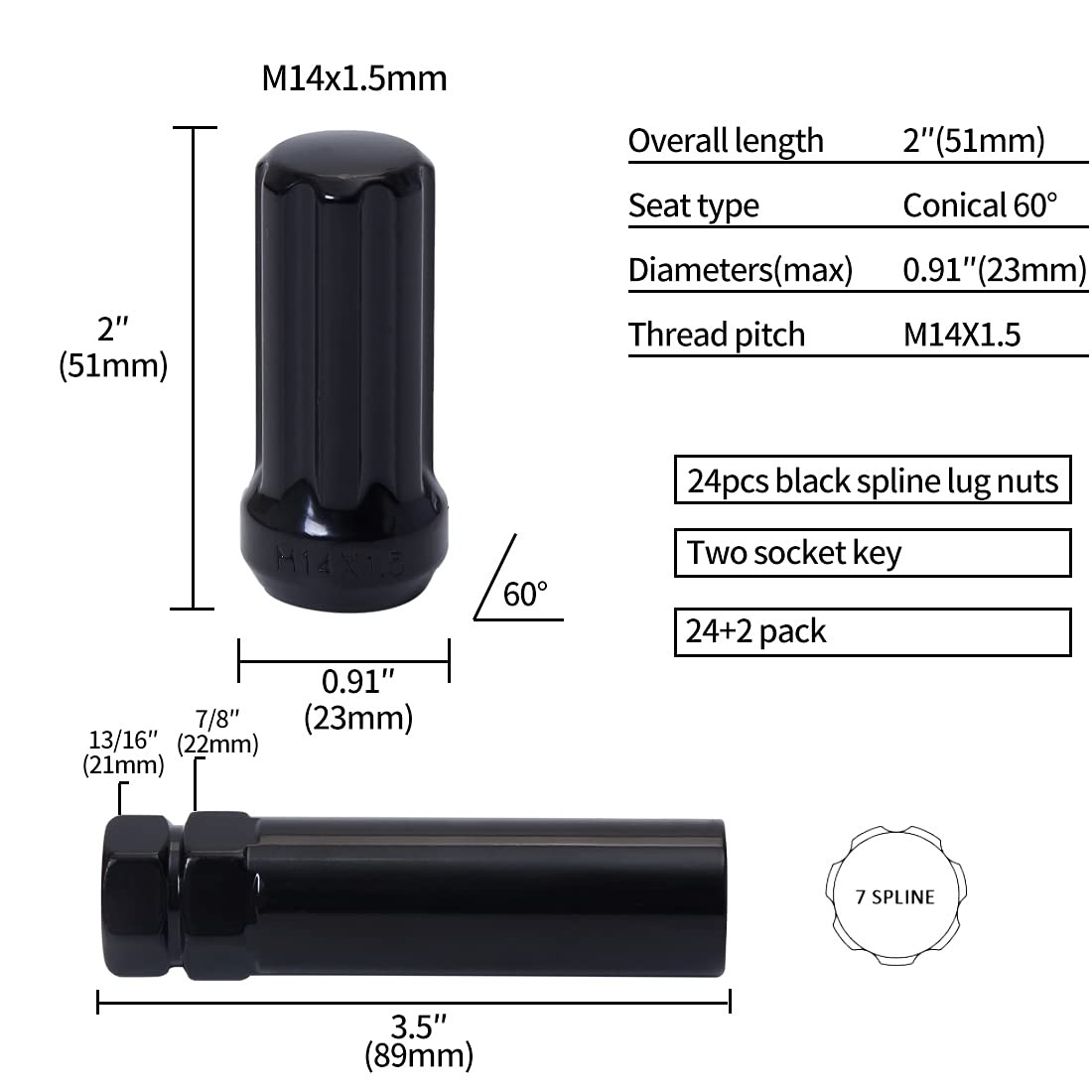 M14X1.5 Spline Lug Nuts Black 2" Tall Set of 24 with 2 Socket Keys
