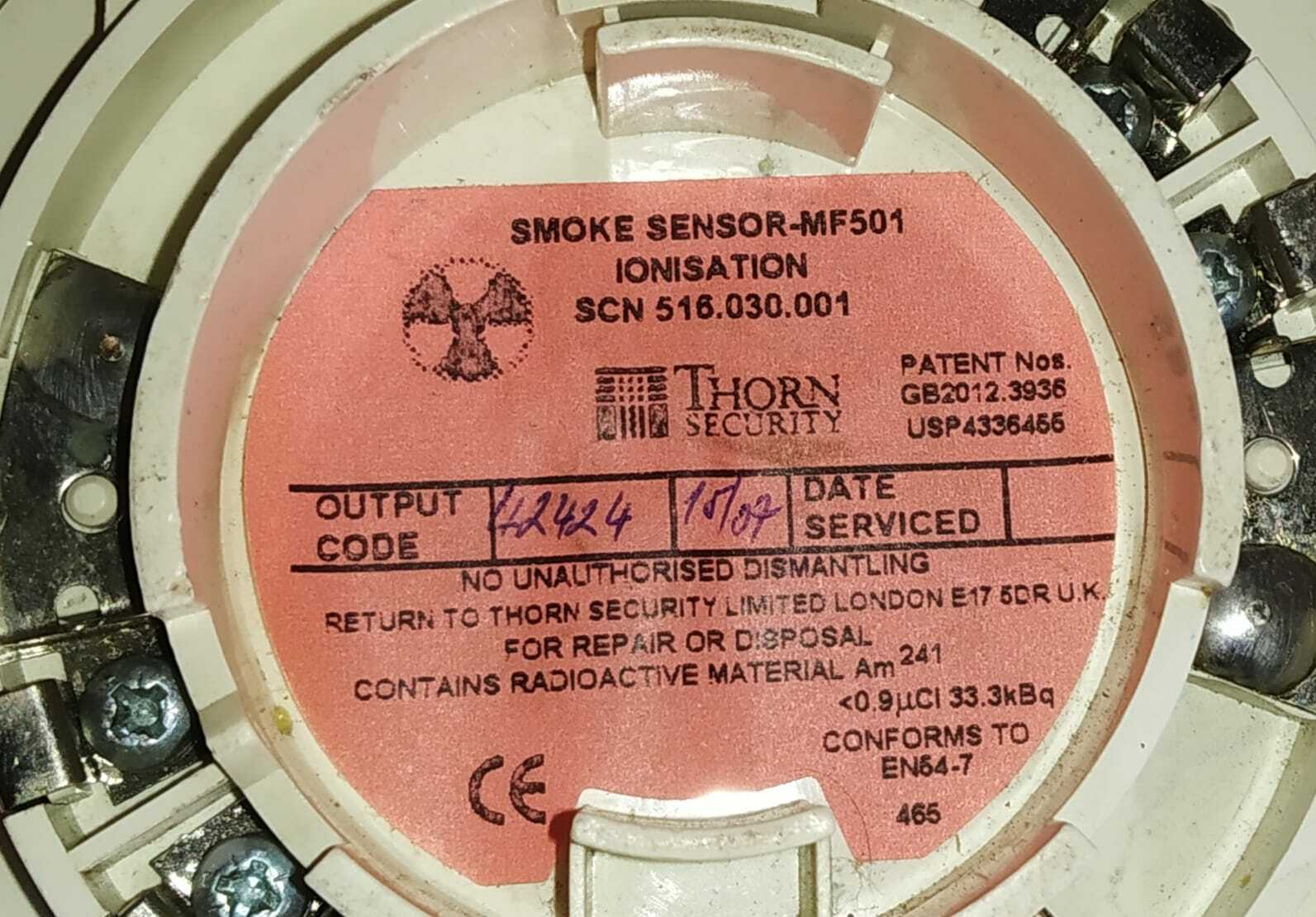 MF501 IONISATION SMOKE SENSOR 516.030.001 THORN SECURITY LIMITED