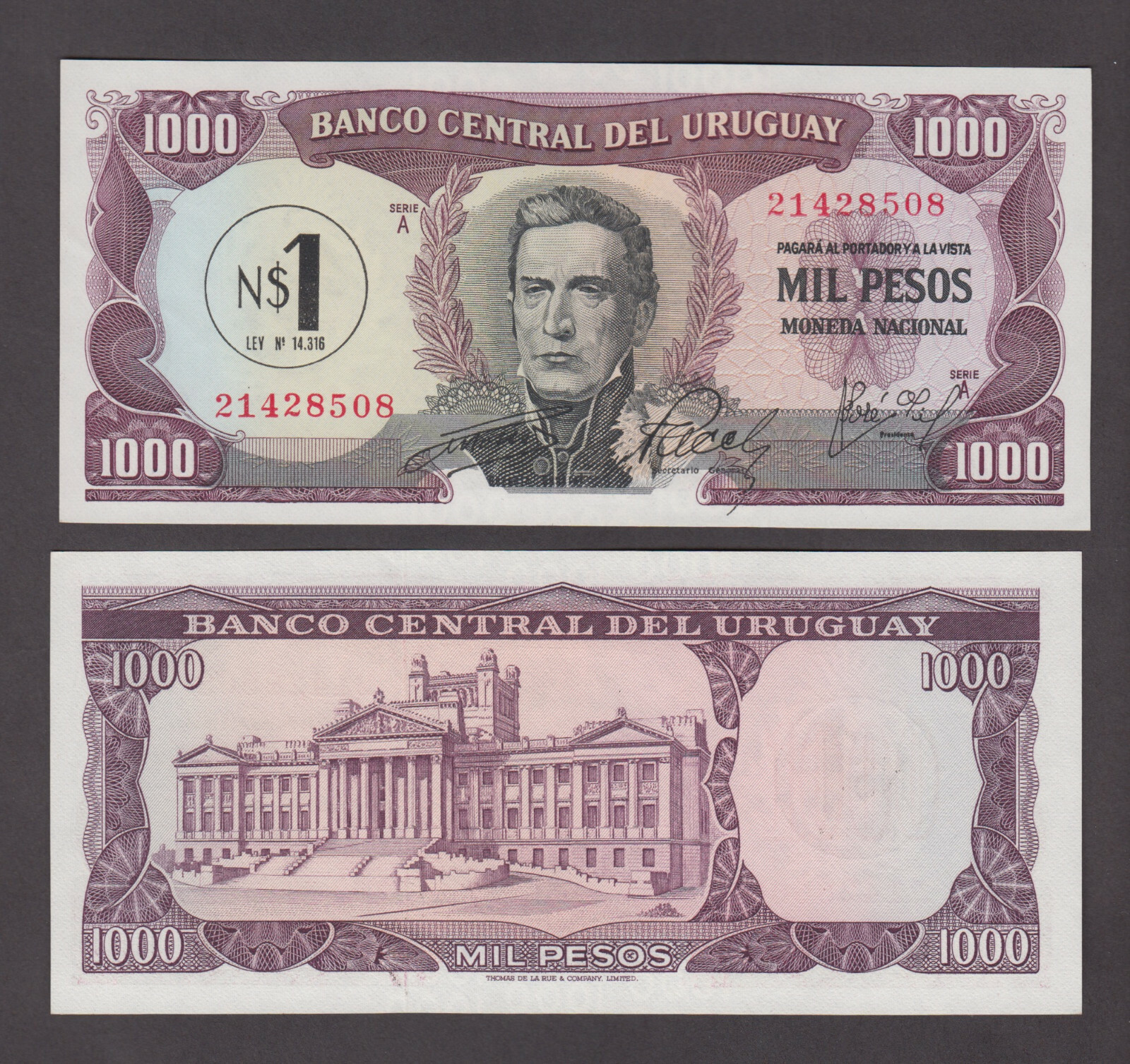 URUGUAY P.55  1 NEW PESO O/P ON 1,000 1000 PESOS M/N  UNCIRCULATED  2204 yyy
