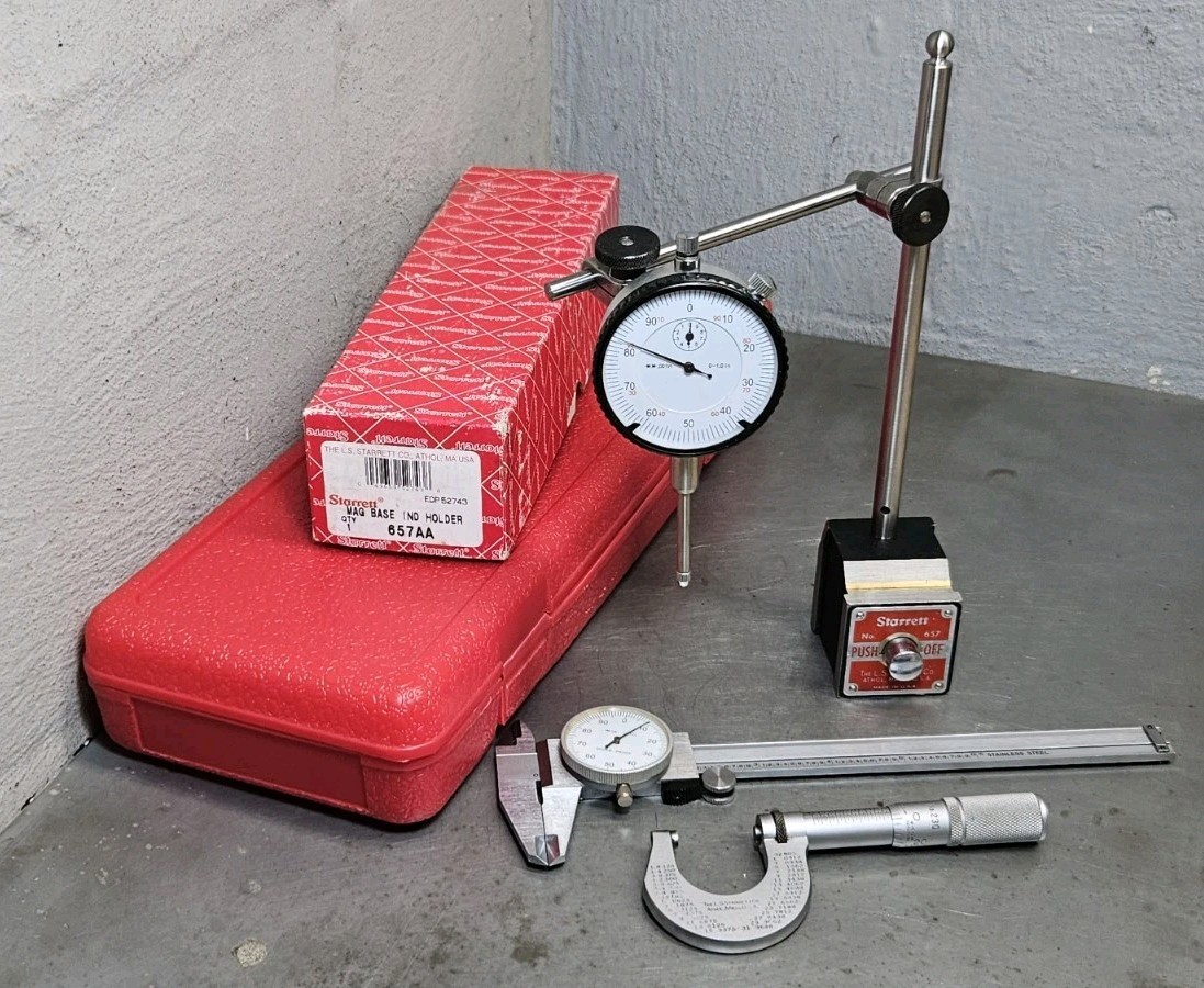 Starrett No. 657AA magnetic base + 1" dial indicator - micrometer - caliper
