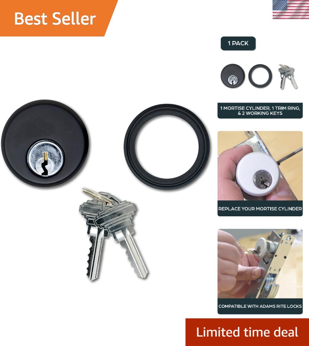Durable Mortise Cylinder Lock for Adams Rite 4036 - Key & Trim Ring Included