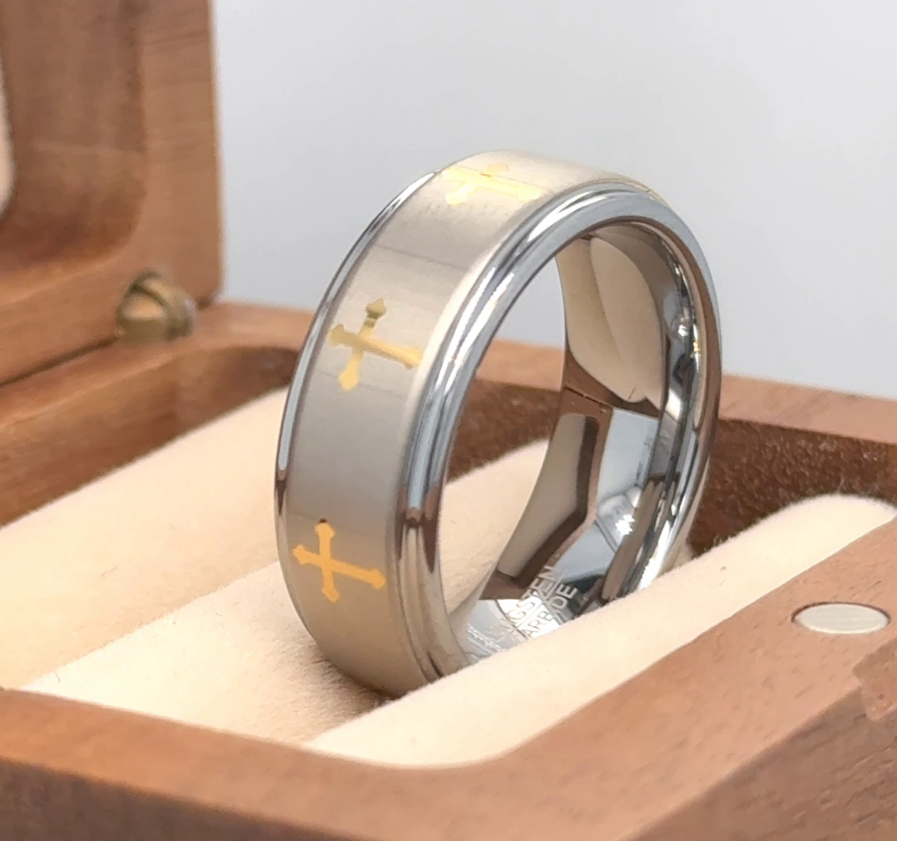 Men's Silver With Gold Crosses Wedding Band Tungsten Engagement Ring Groom Ring