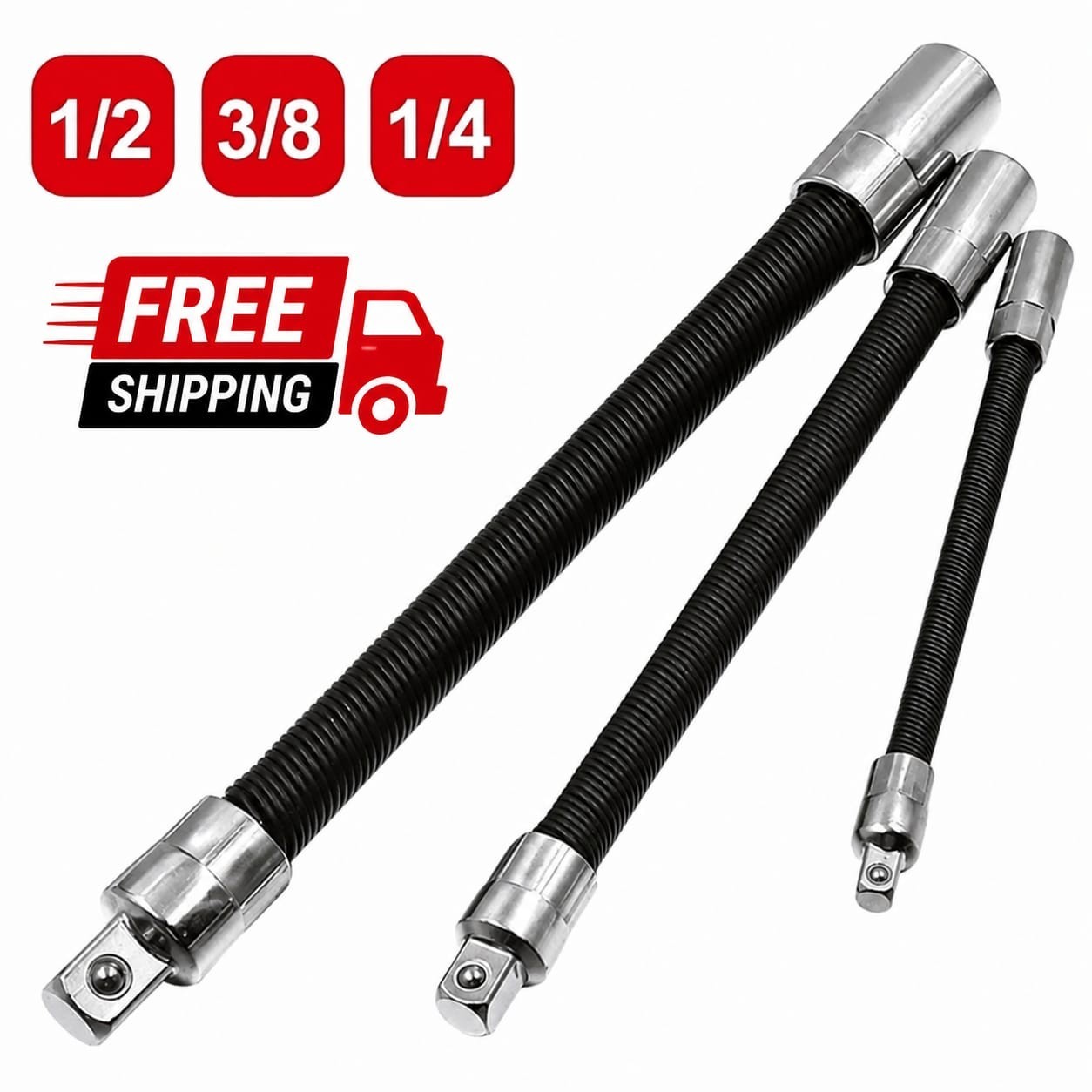 3-Piece Flexible Socket Extension Bar Set 1/2" 1/4" 3/8" Shaft Drive 10" 8" 6