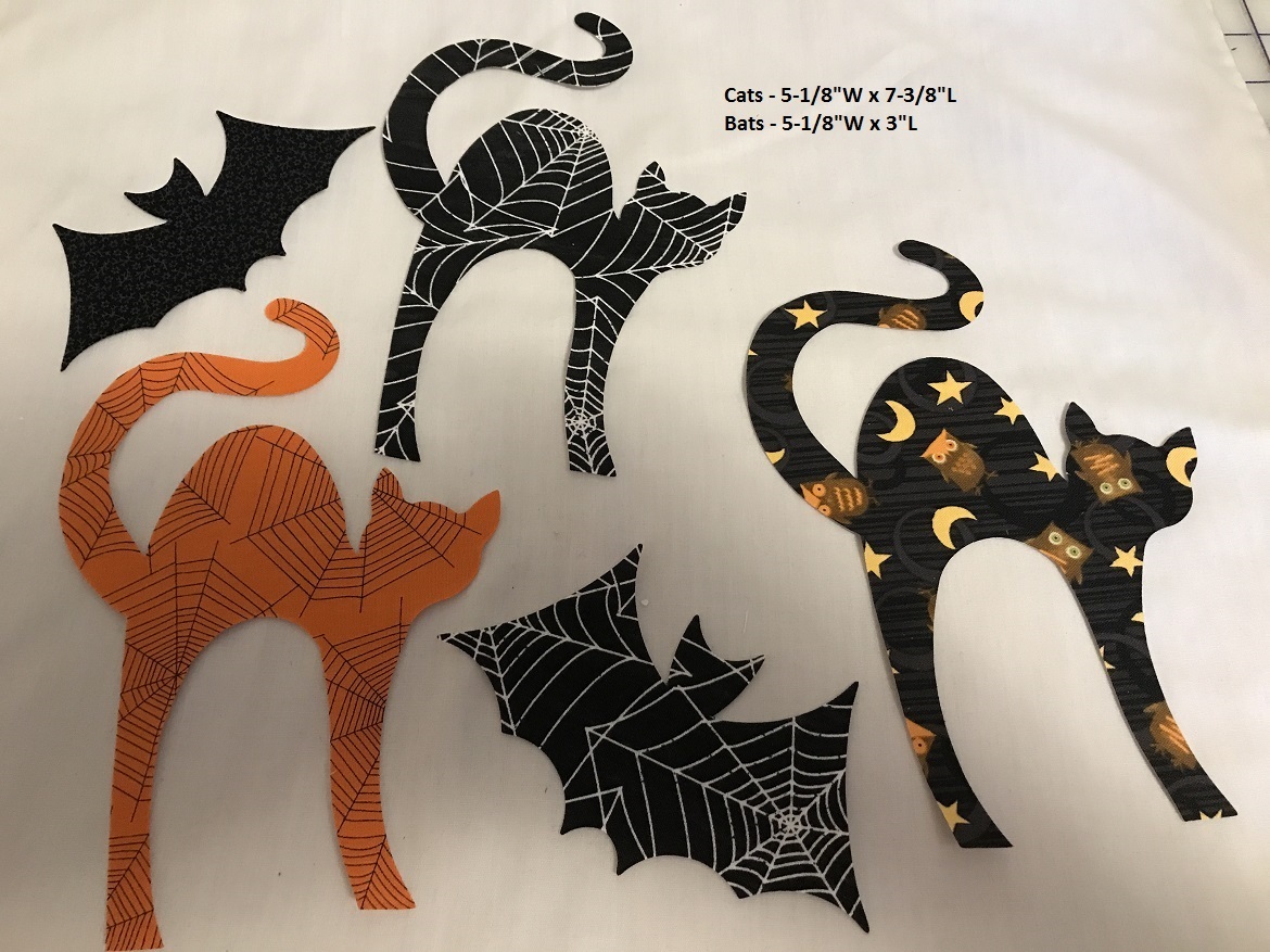 Die Cut Cute Halloween Cats & Bats iron-on Applique 5 pc  Calico cotton fabric