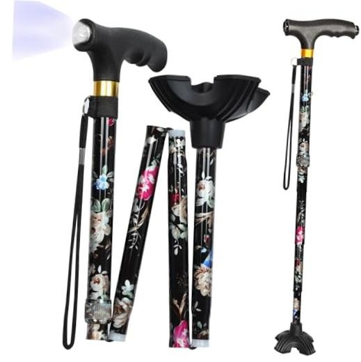 Walking Cane with LED Light, Foldable,Adjustable, Self Standing Black flowers