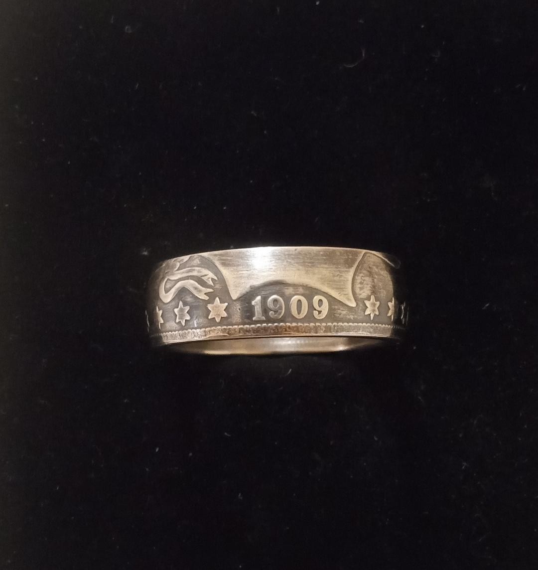 BARBER HALF DOLLAR COIN RING.  90% SILVER.  SIZES 9 TO 14.  1915 AND BEFORE