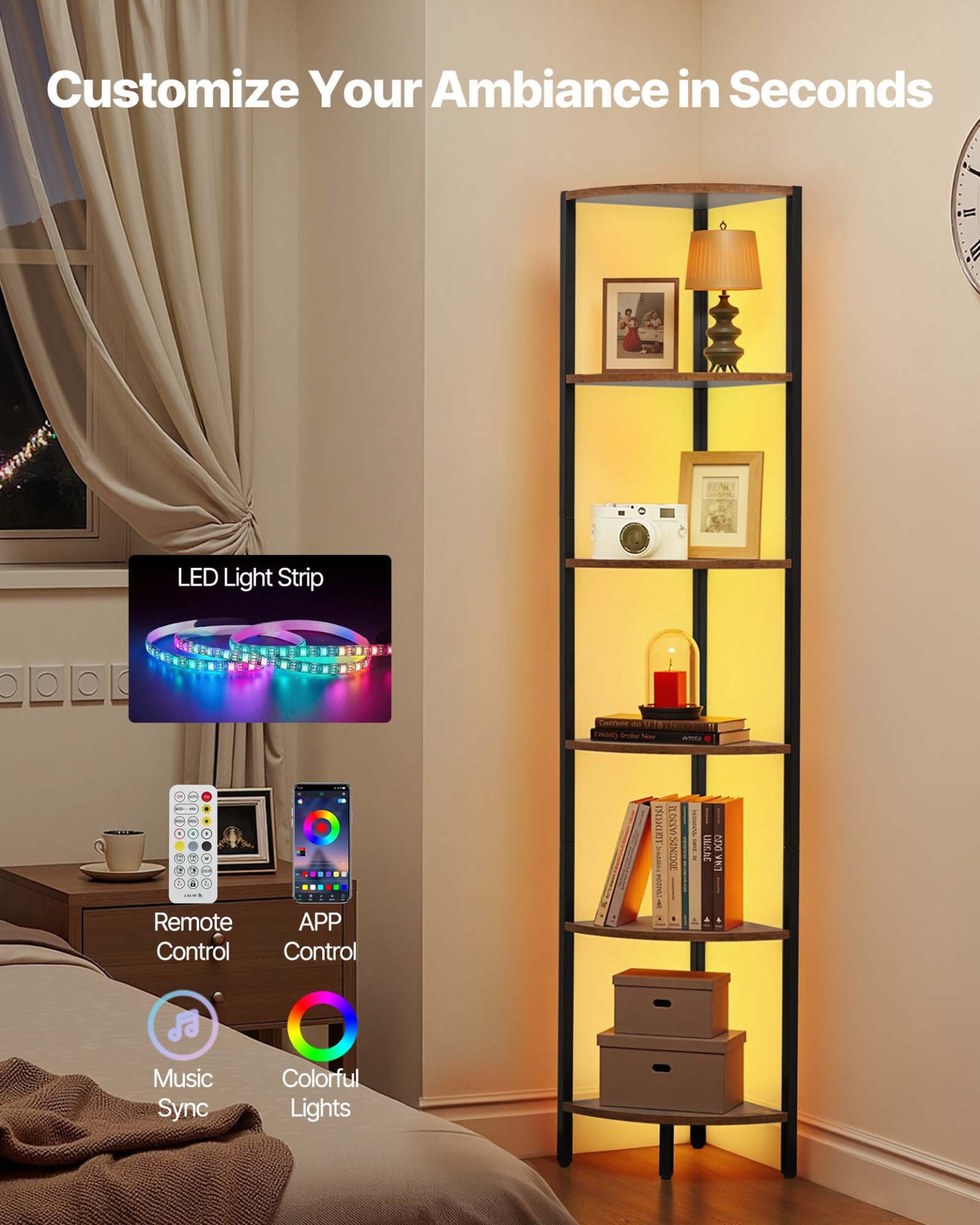 6 Tier Corner Shelf with LED Light, Office