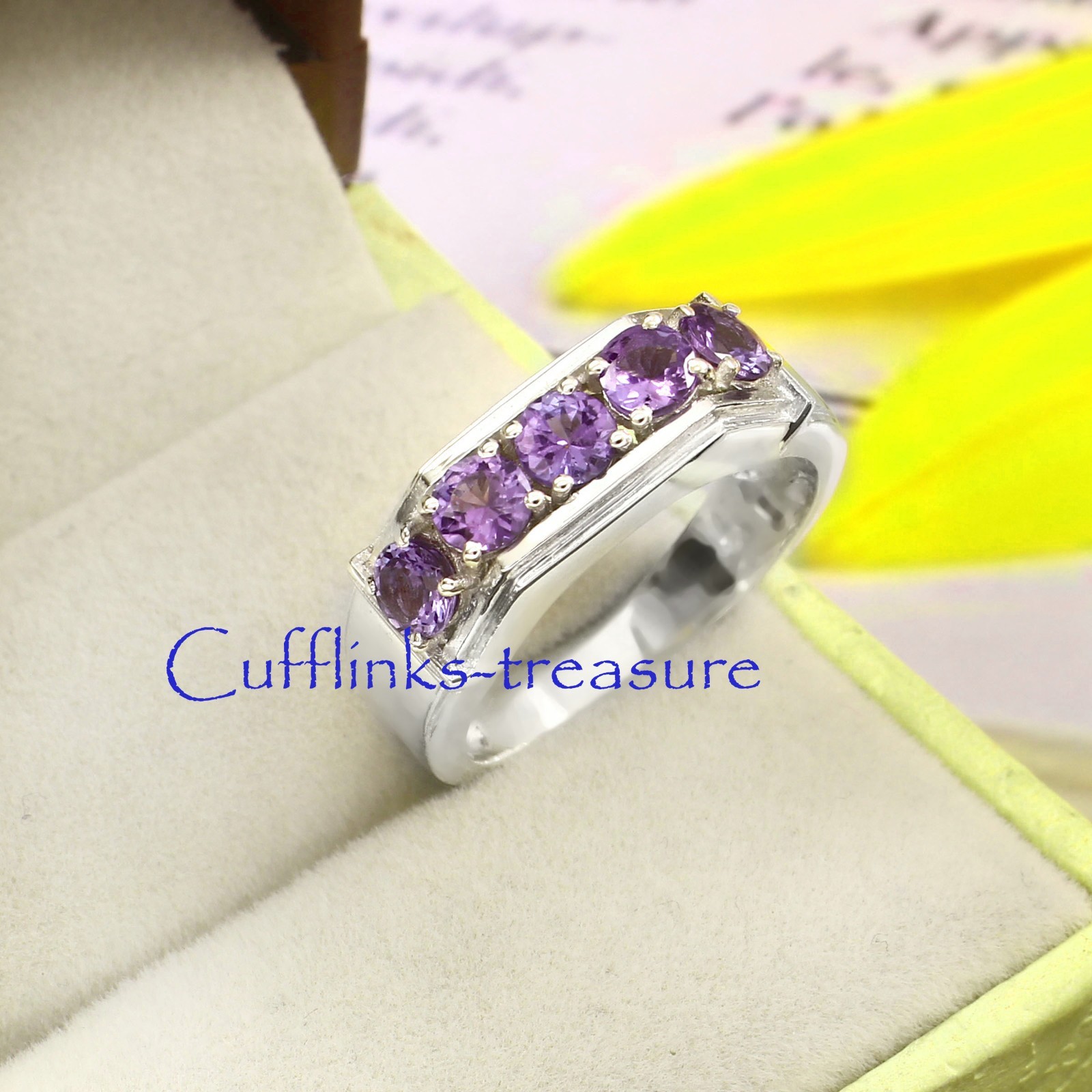 Natural Amethyst Gemstones with 925 Sterling Silver Ring For Men's #633